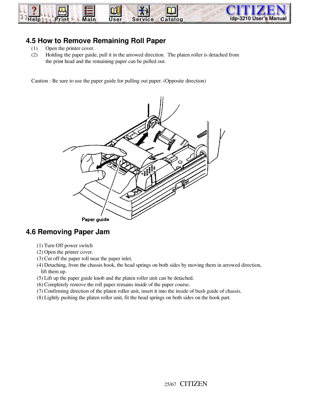 Citizen Line Thermal Printer, iDP-3210 user manual How to Remove Remaining Roll Paper, Removing Paper Jam, 25/67 Citizen 