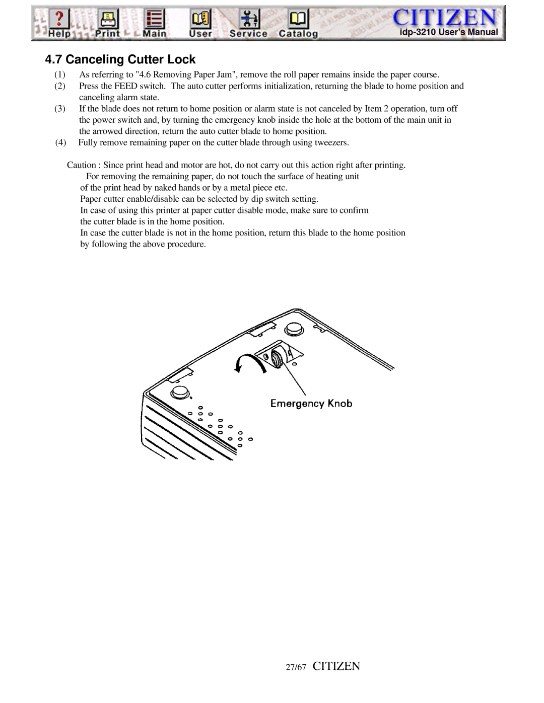 Citizen Line Thermal Printer, iDP-3210 user manual Canceling Cutter Lock, 27/67 Citizen 