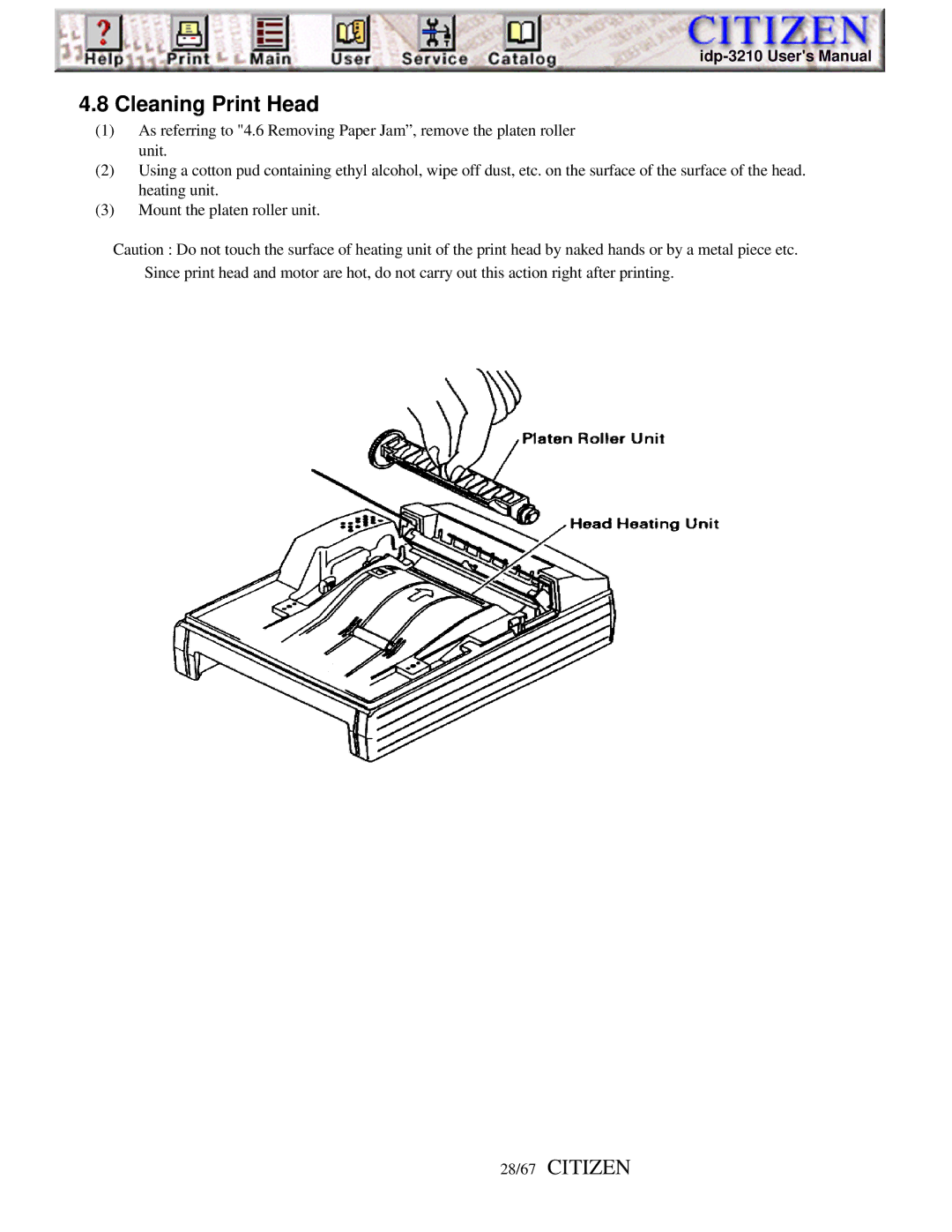 Citizen iDP-3210, Line Thermal Printer user manual Cleaning Print Head, 28/67 Citizen 