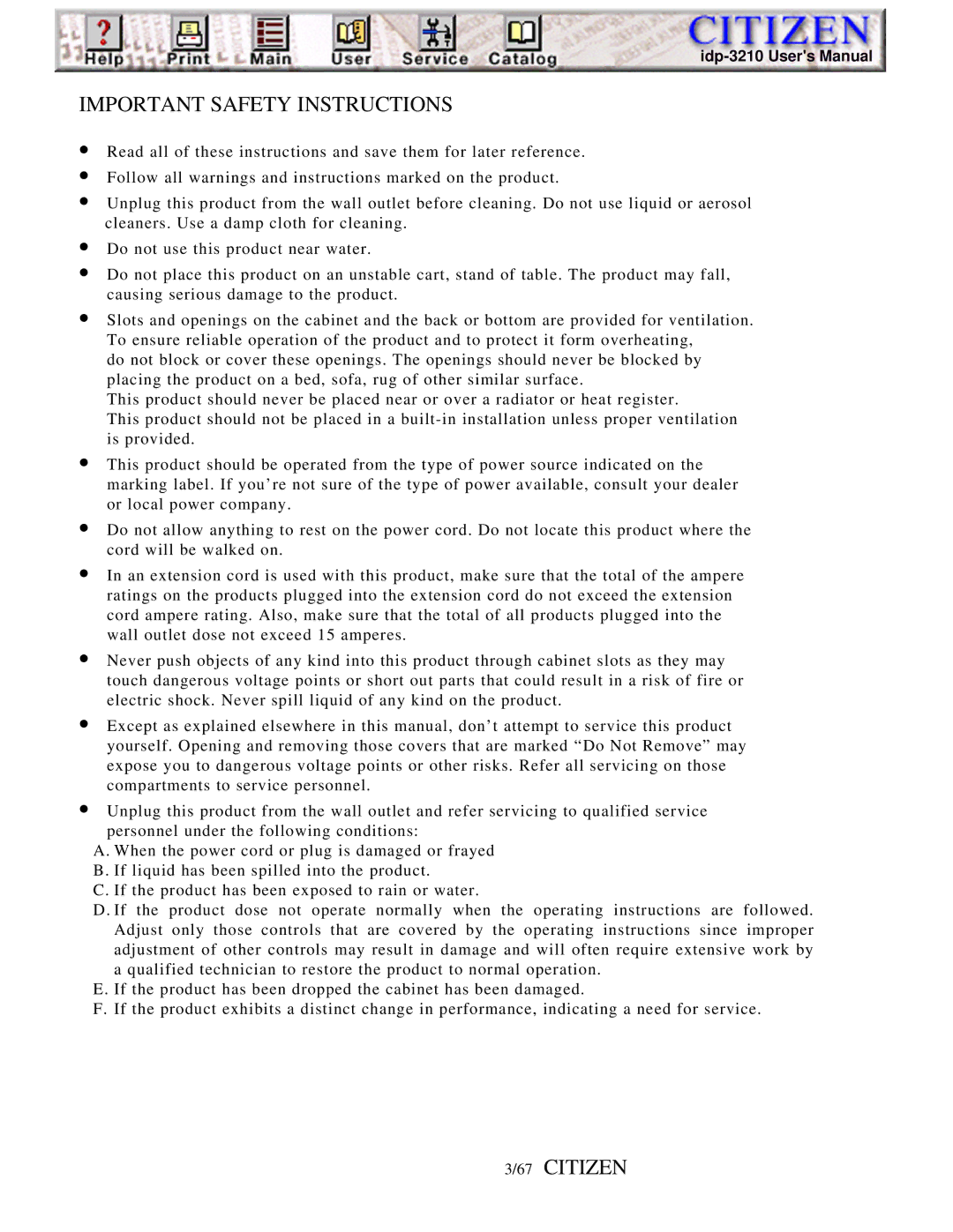 Citizen Line Thermal Printer, iDP-3210 user manual Important Safety Instructions 