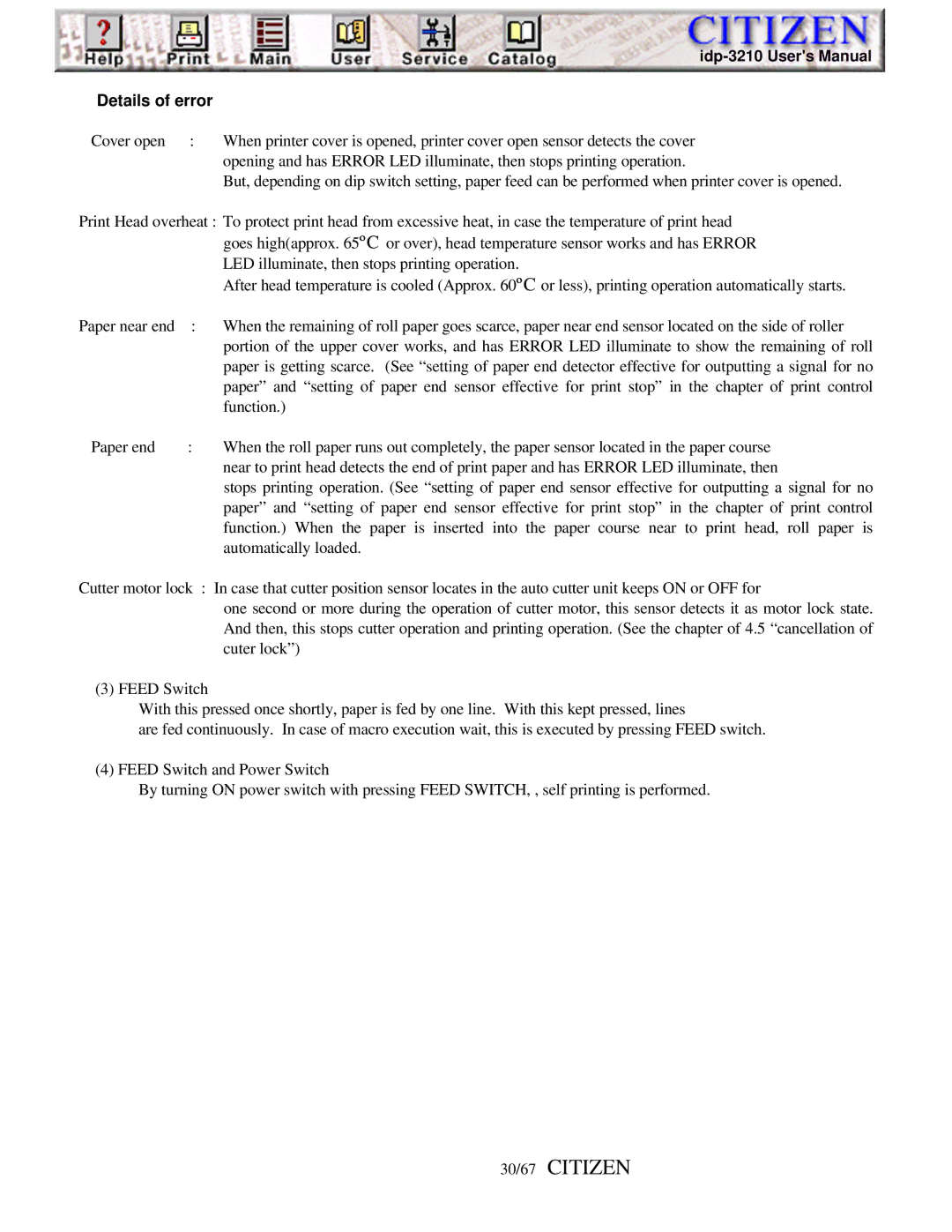 Citizen iDP-3210, Line Thermal Printer user manual 30/67 Citizen, Details of error 