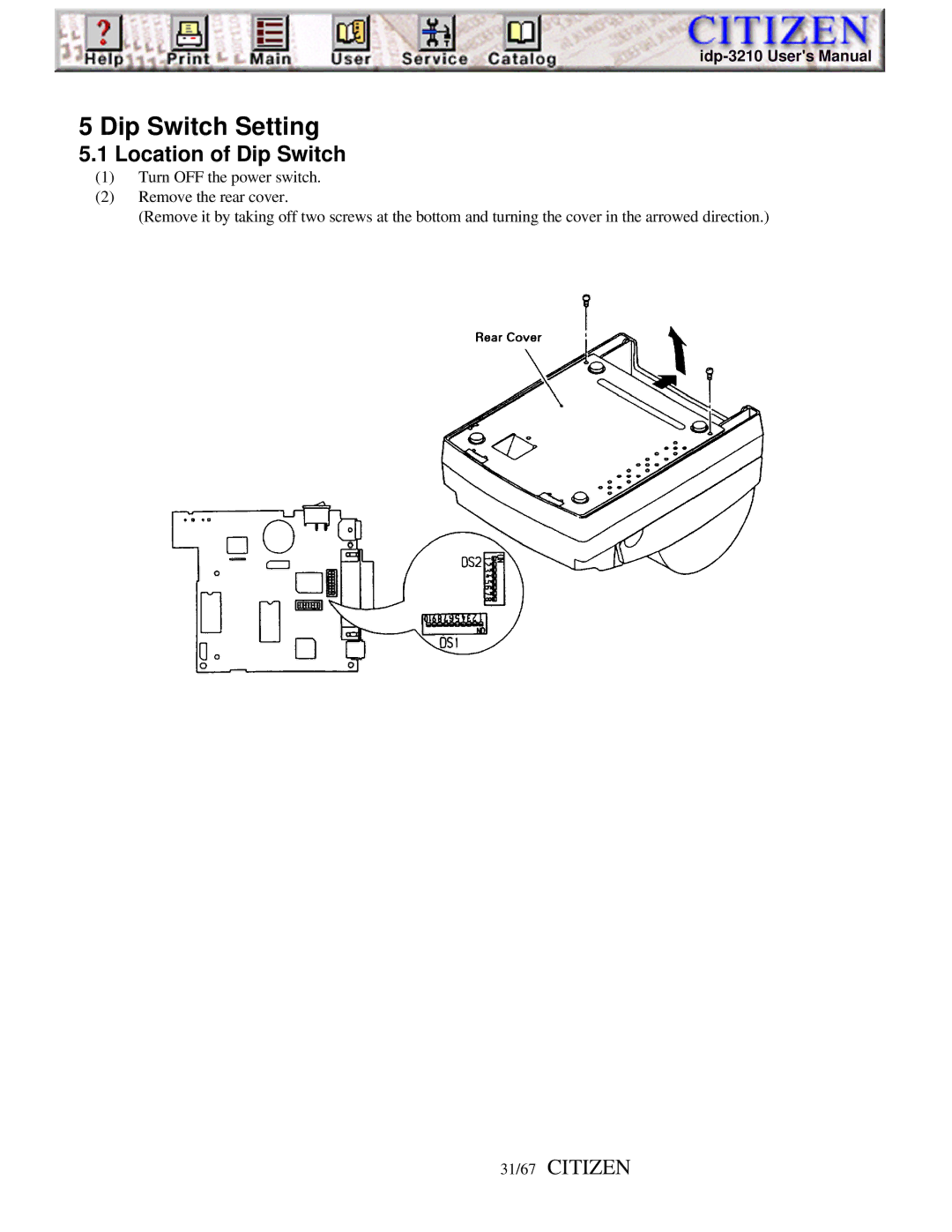 Citizen Line Thermal Printer, iDP-3210 user manual Location of Dip Switch, 31/67 Citizen 