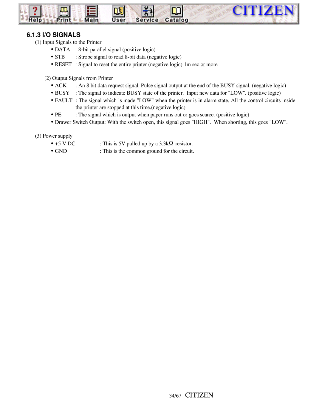 Citizen iDP-3210, Line Thermal Printer user manual 34/67 Citizen, 3 I/O Signals 