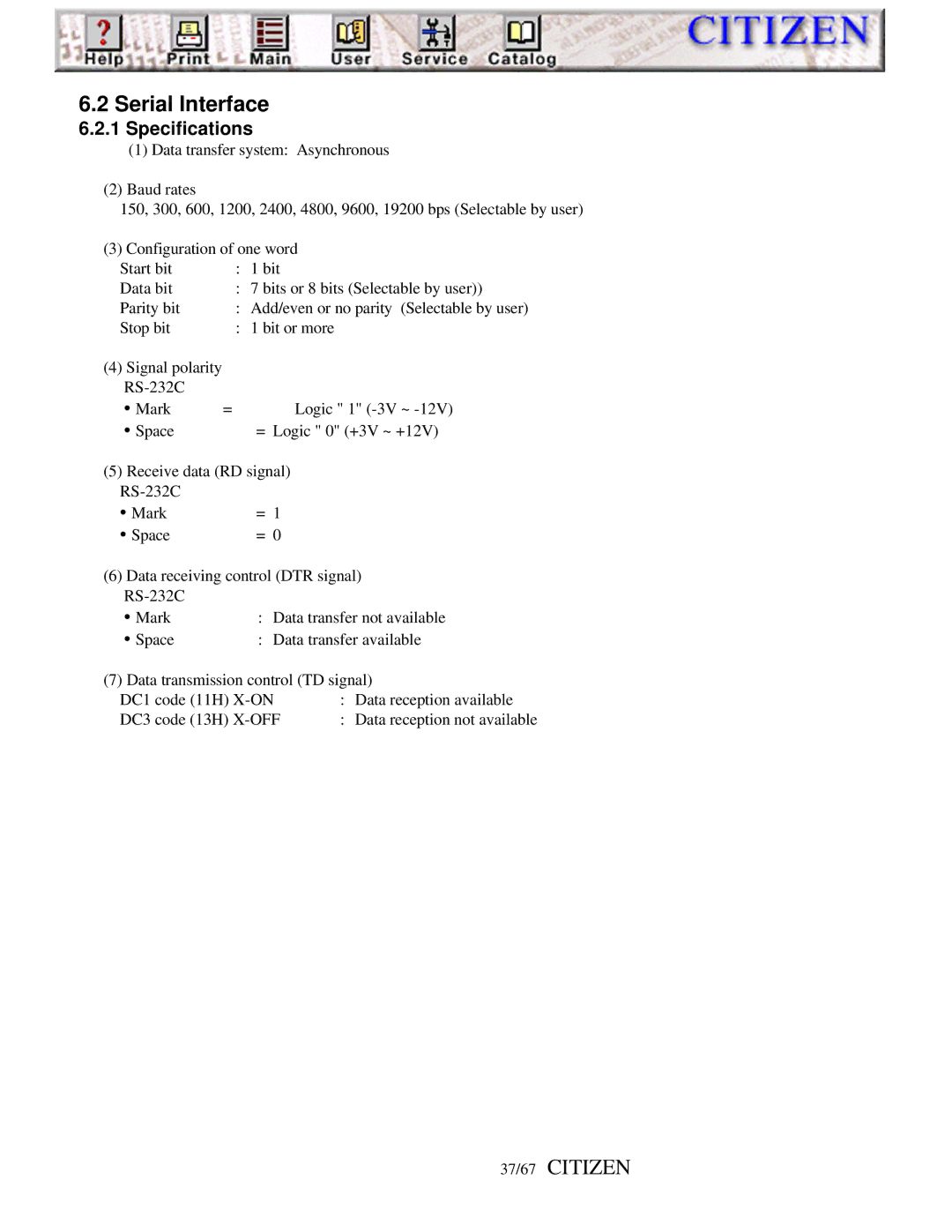 Citizen Line Thermal Printer, iDP-3210 user manual Serial Interface, 37/67 Citizen 