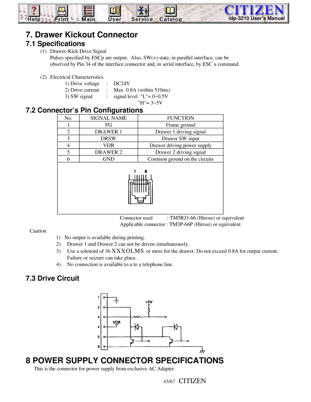 Citizen Line Thermal Printer, iDP-3210 Specifications, Connector’s Pin Configurations, Drive Circuit, 43/67 Citizen 