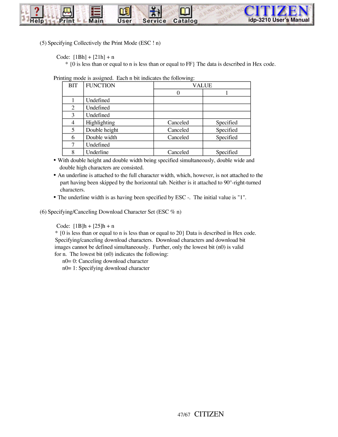 Citizen Line Thermal Printer, iDP-3210 user manual 47/67 Citizen, BIT Function Value 