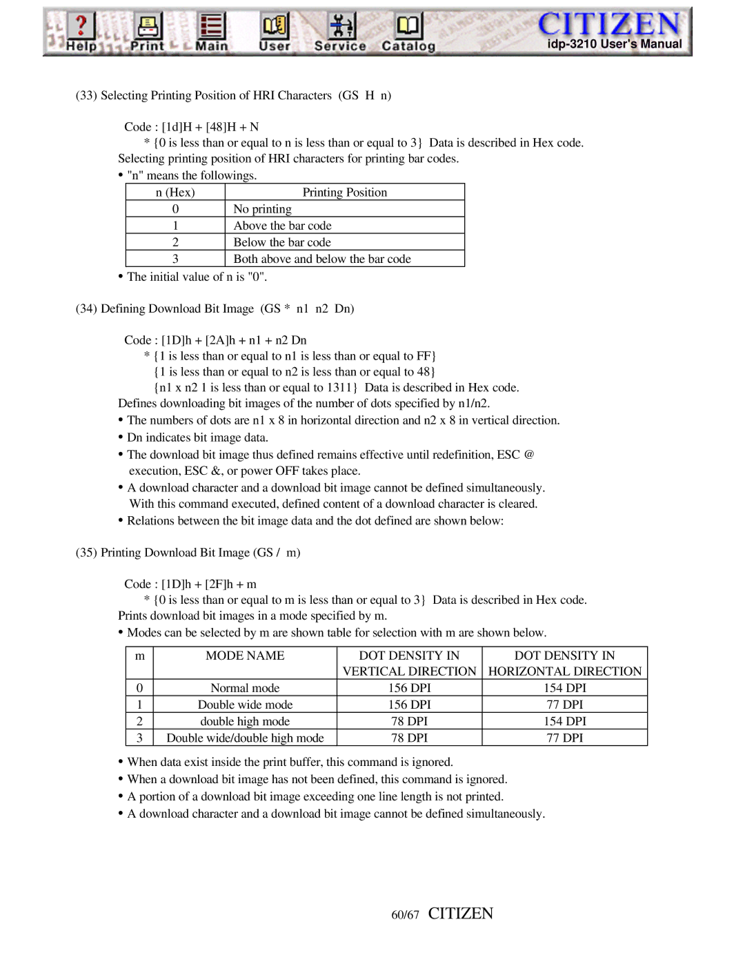 Citizen iDP-3210, Line Thermal Printer user manual 60/67 Citizen, Mode Name DOT Density 