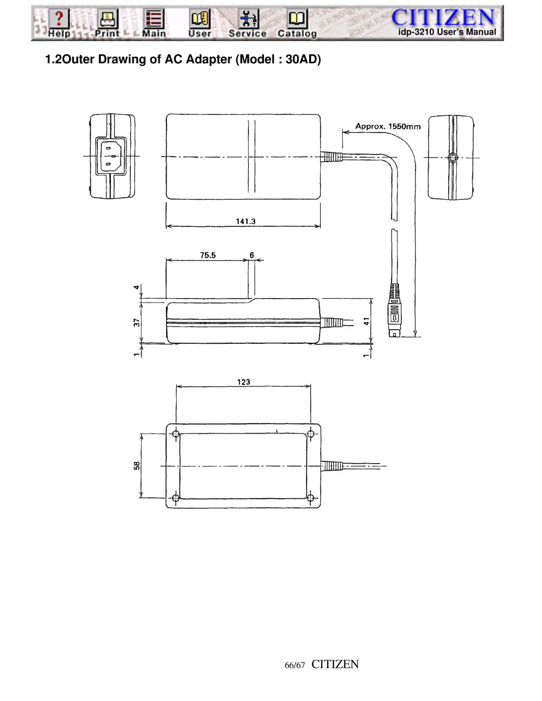 Citizen iDP-3210, Line Thermal Printer user manual 2Outer Drawing of AC Adapter Model 30AD, 66/67 Citizen 