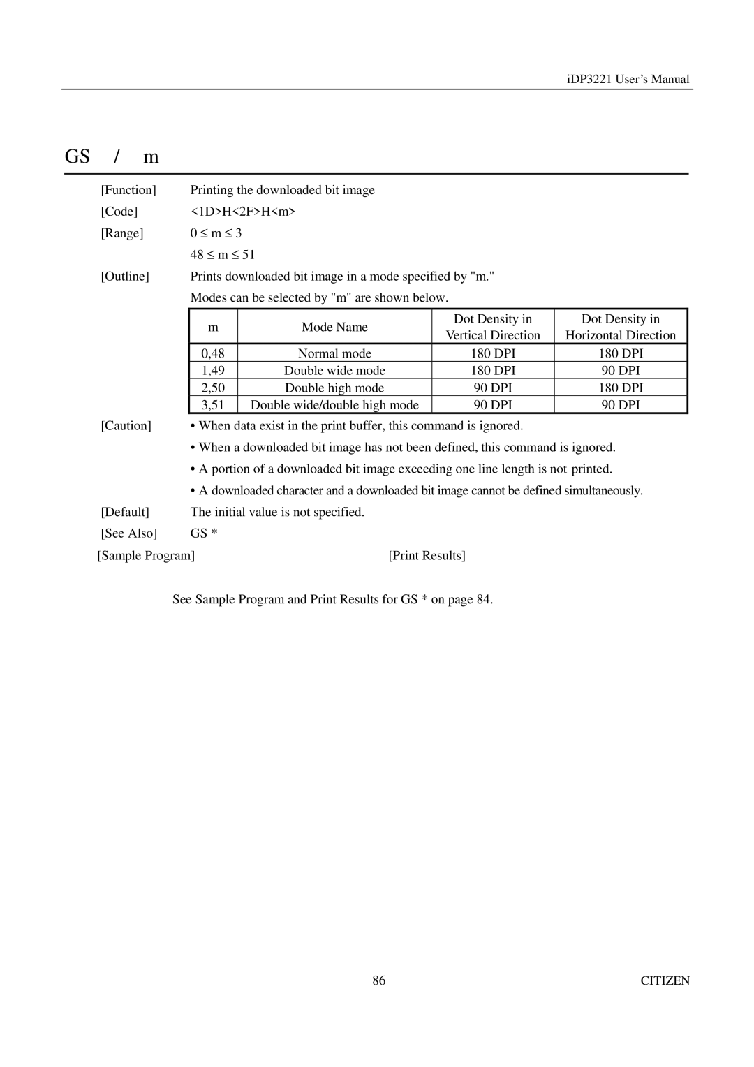 Citizen iDP3221 manual Double wide mode 180 DPI 90 DPI Double high mode 