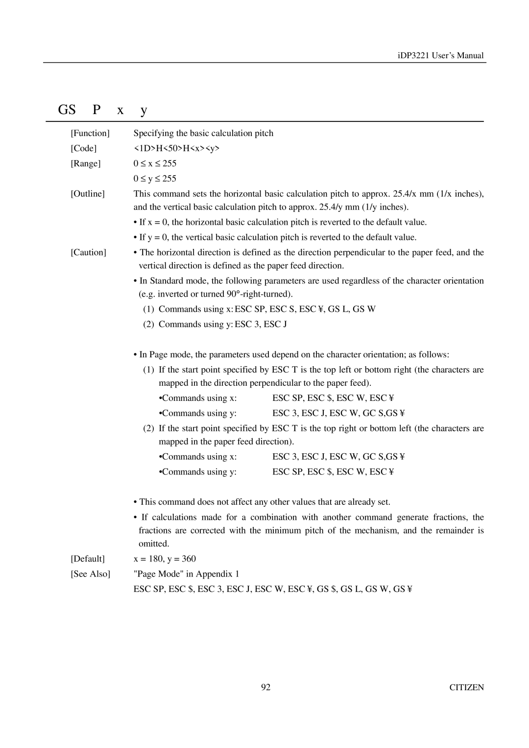 Citizen iDP3221 manual Esc Sp, Esc $, Esc W, Esc ¥, ESC 3, ESC J, ESC W, GC S,GS ¥ 