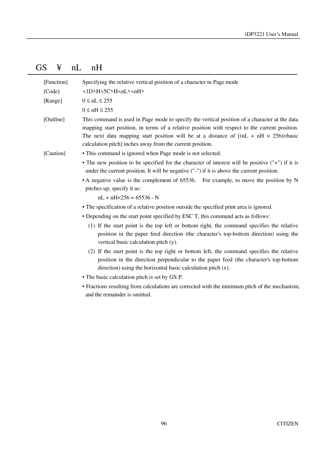 Citizen iDP3221 manual Calculation pitch inches away from the current position 