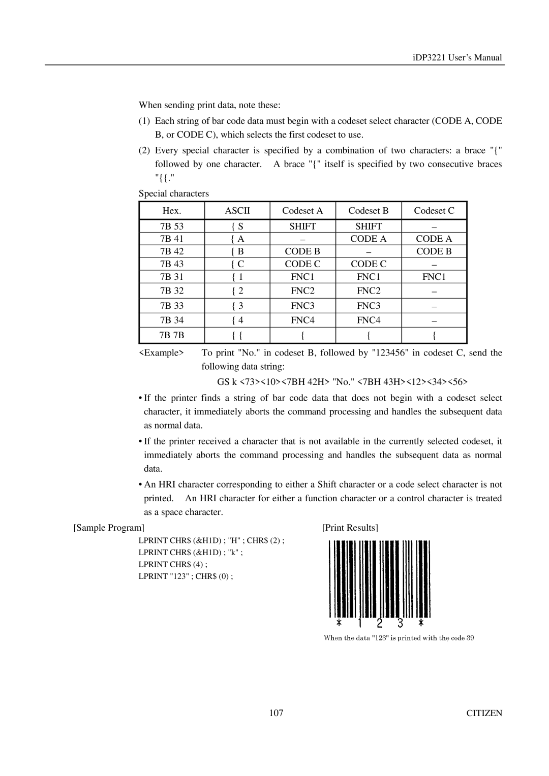 Citizen iDP3221 manual Shift, Code a Code B Code C FNC1 FNC2 FNC3 FNC4 