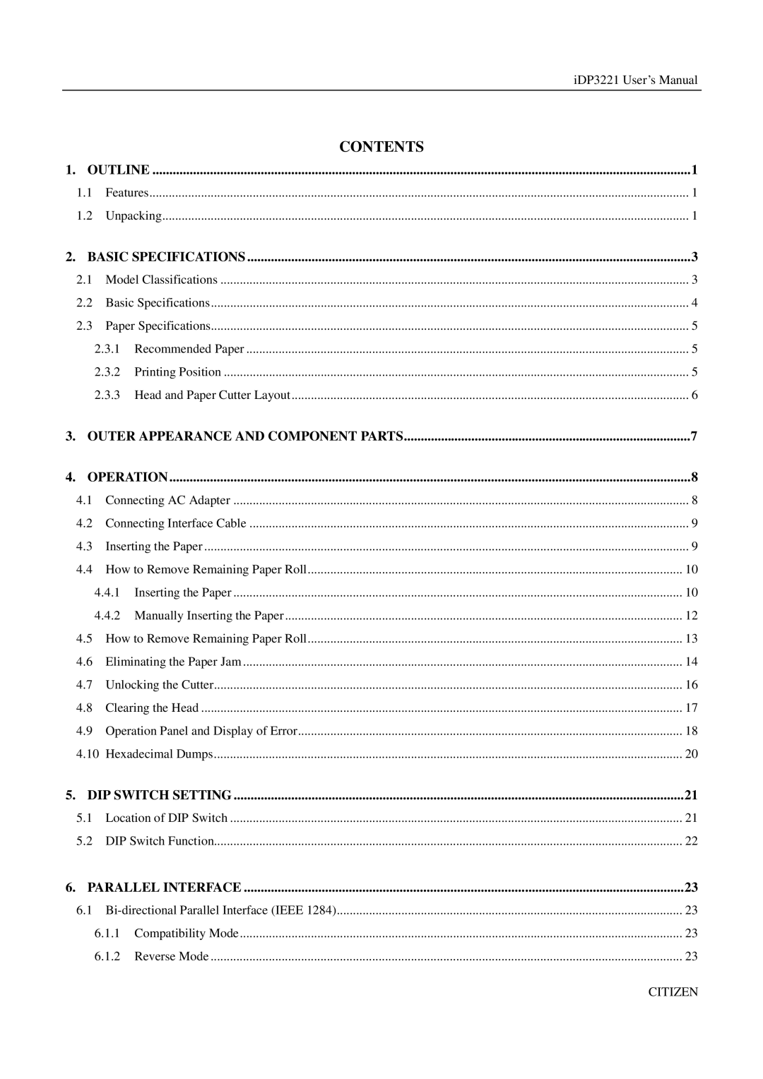 Citizen iDP3221 manual Contents 