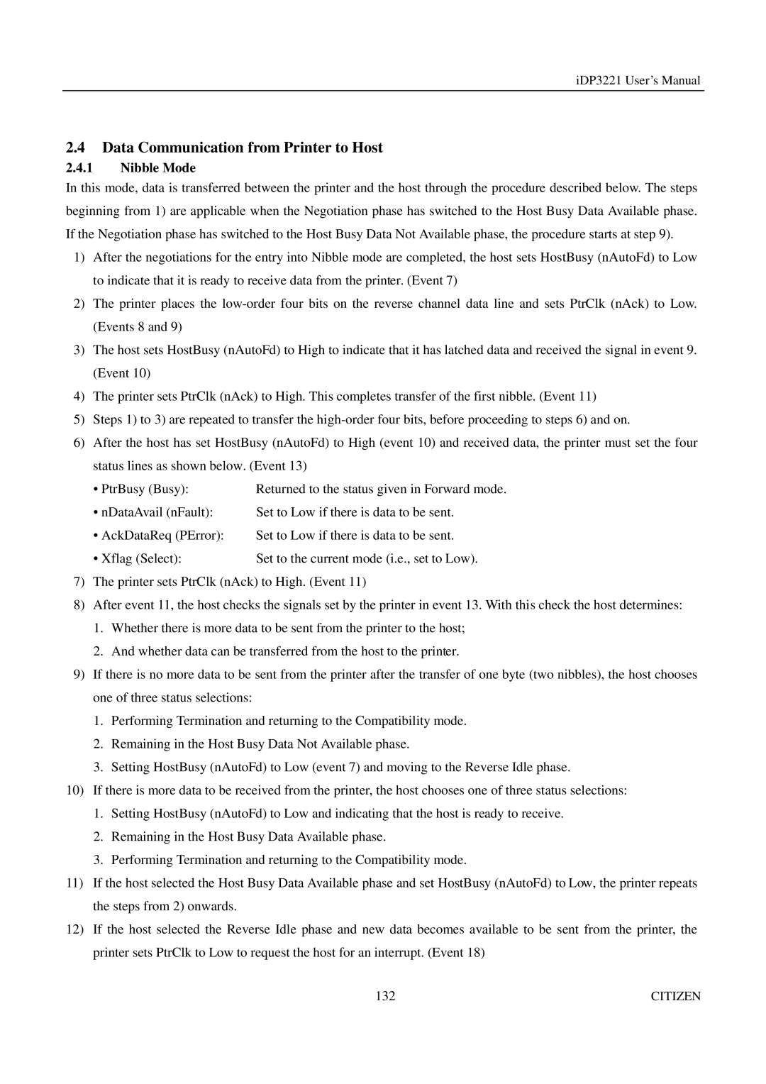 Citizen iDP3221 manual Data Communication from Printer to Host, Nibble Mode 