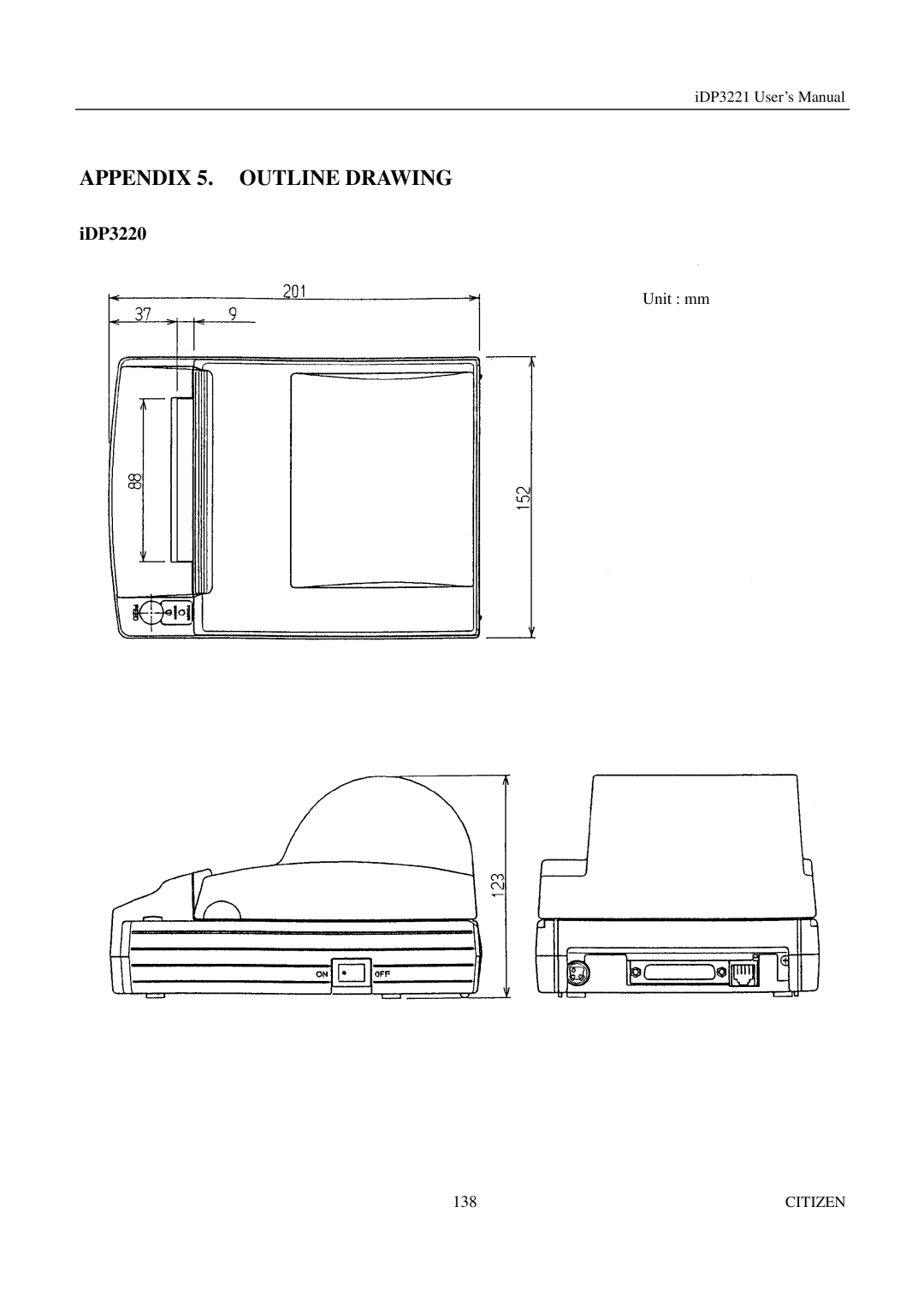 Citizen iDP3221 manual Appendix 5. Outline Drawing, IDP3220 