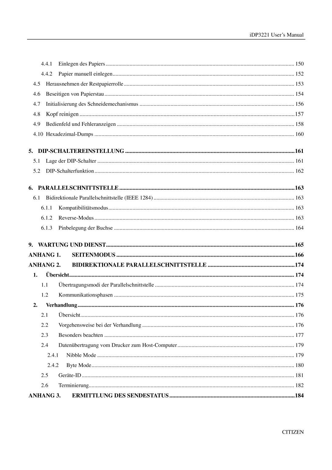 Citizen iDP3221 manual 161, 163, 165, 166, 174, 184 