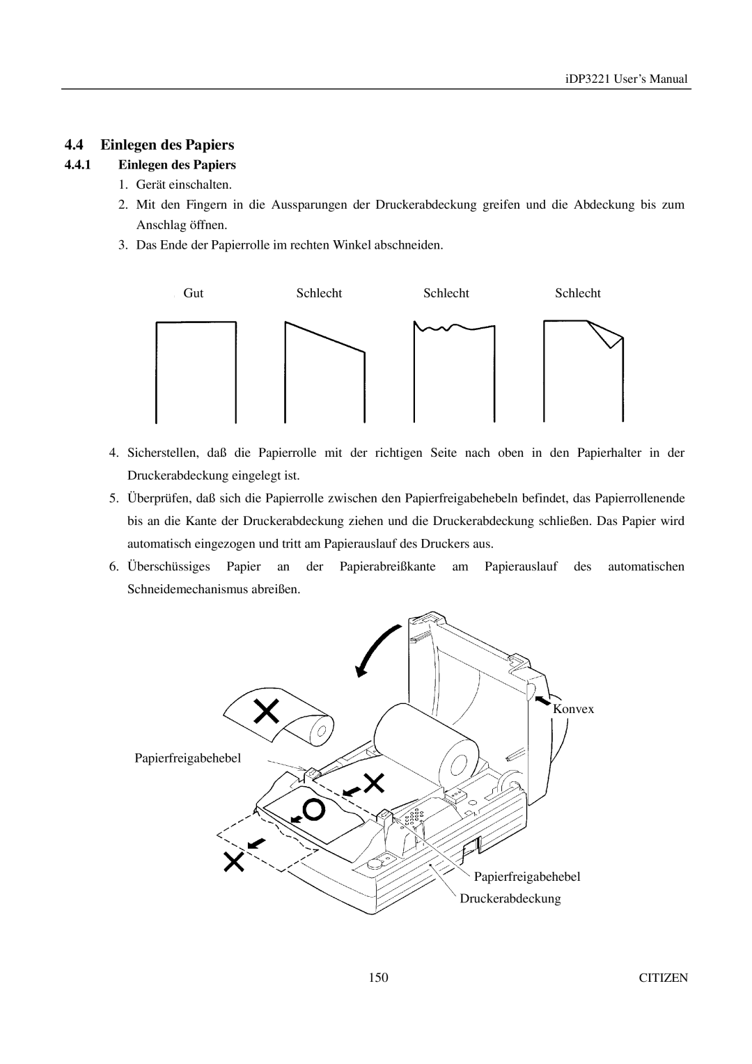 Citizen iDP3221 manual Einlegen des Papiers 