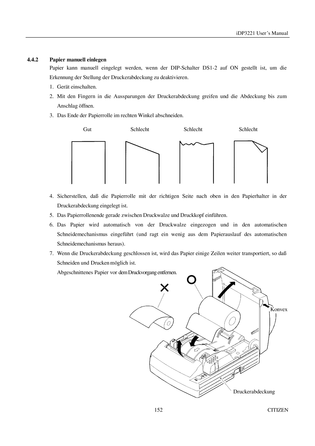 Citizen iDP3221 manual Papier manuell einlegen 