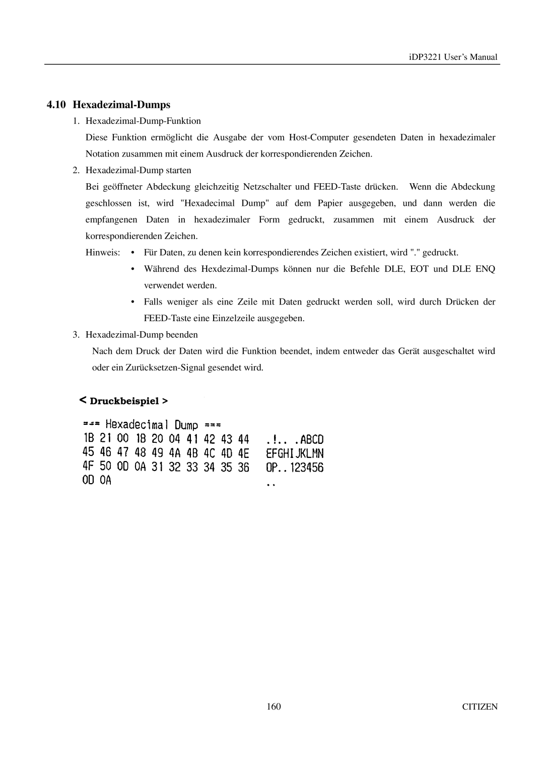 Citizen iDP3221 manual Hexadezimal-Dumps, Druckbeispiel 