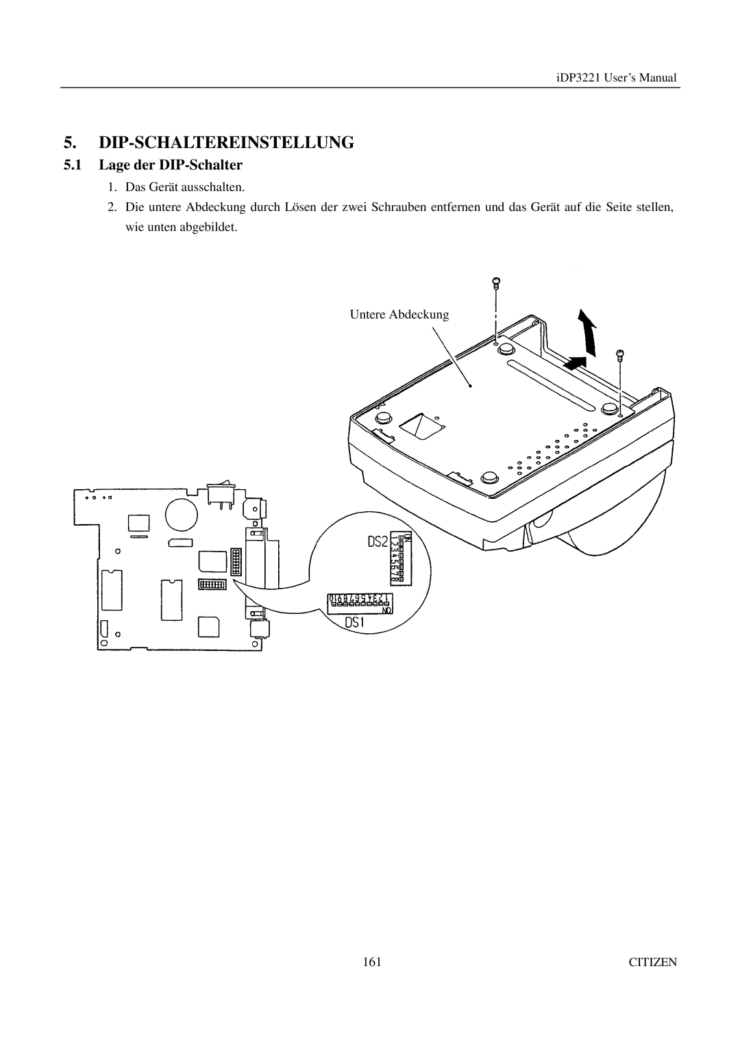 Citizen iDP3221 manual Dip-Schaltereinstellung, Lage der DIP-Schalter 