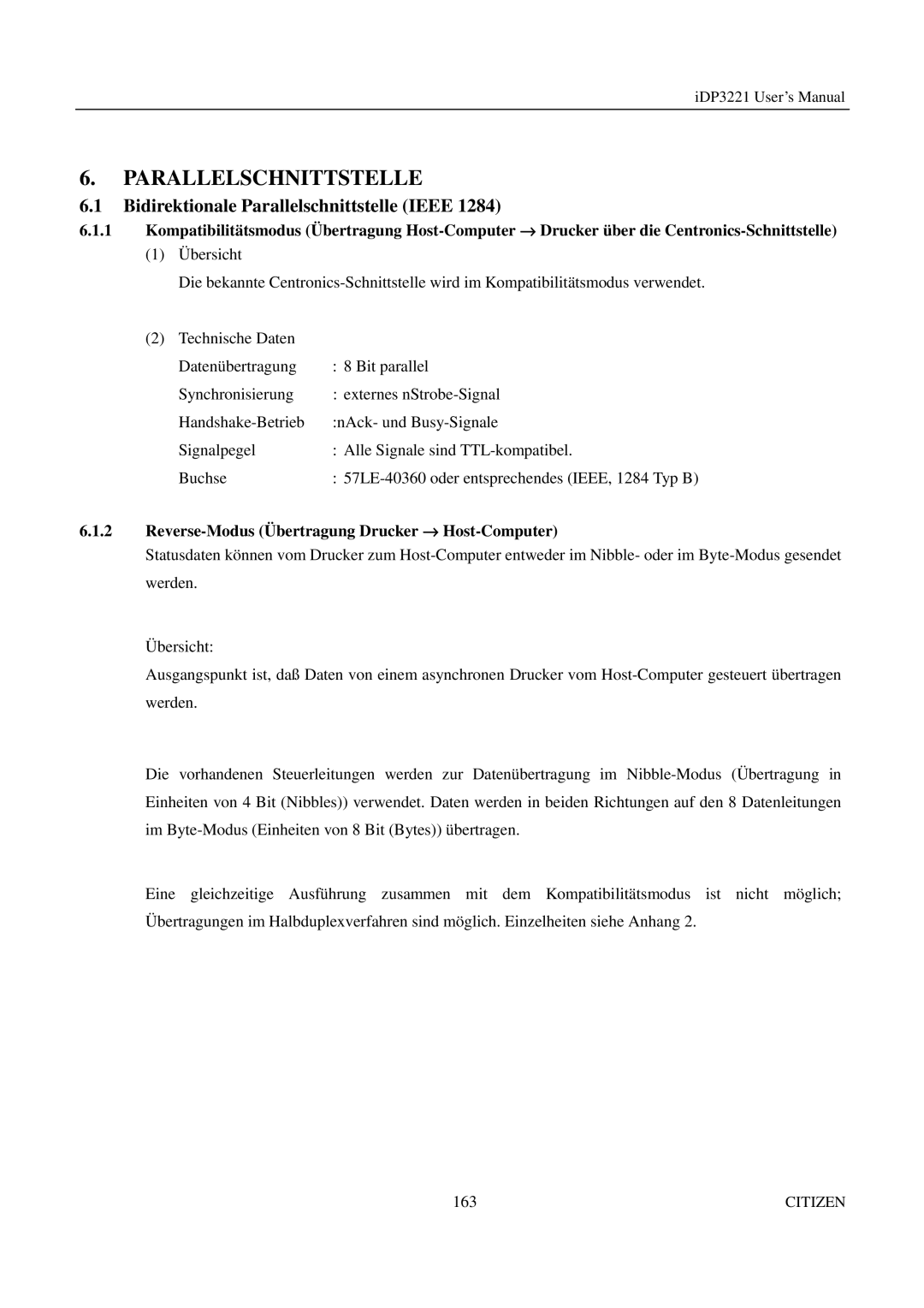 Citizen iDP3221 manual Bidirektionale Parallelschnittstelle Ieee, Reverse-Modus Übertragung Drucker → Host-Computer 