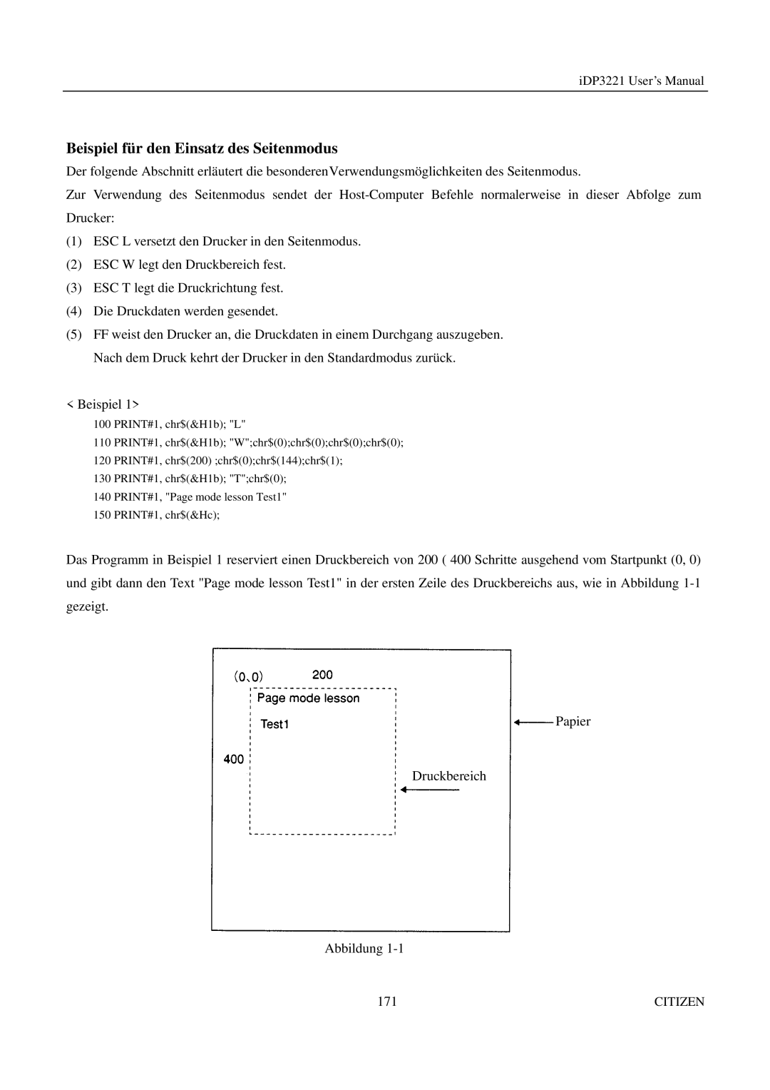 Citizen iDP3221 manual Beispiel für den Einsatz des Seitenmodus 