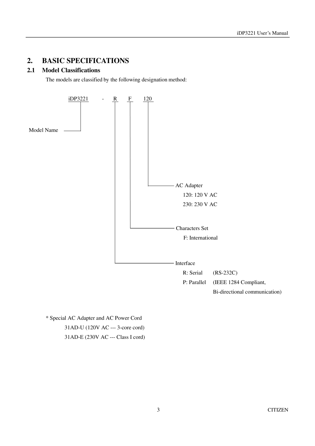 Citizen iDP3221 manual Basic Specifications, Model Classifications 