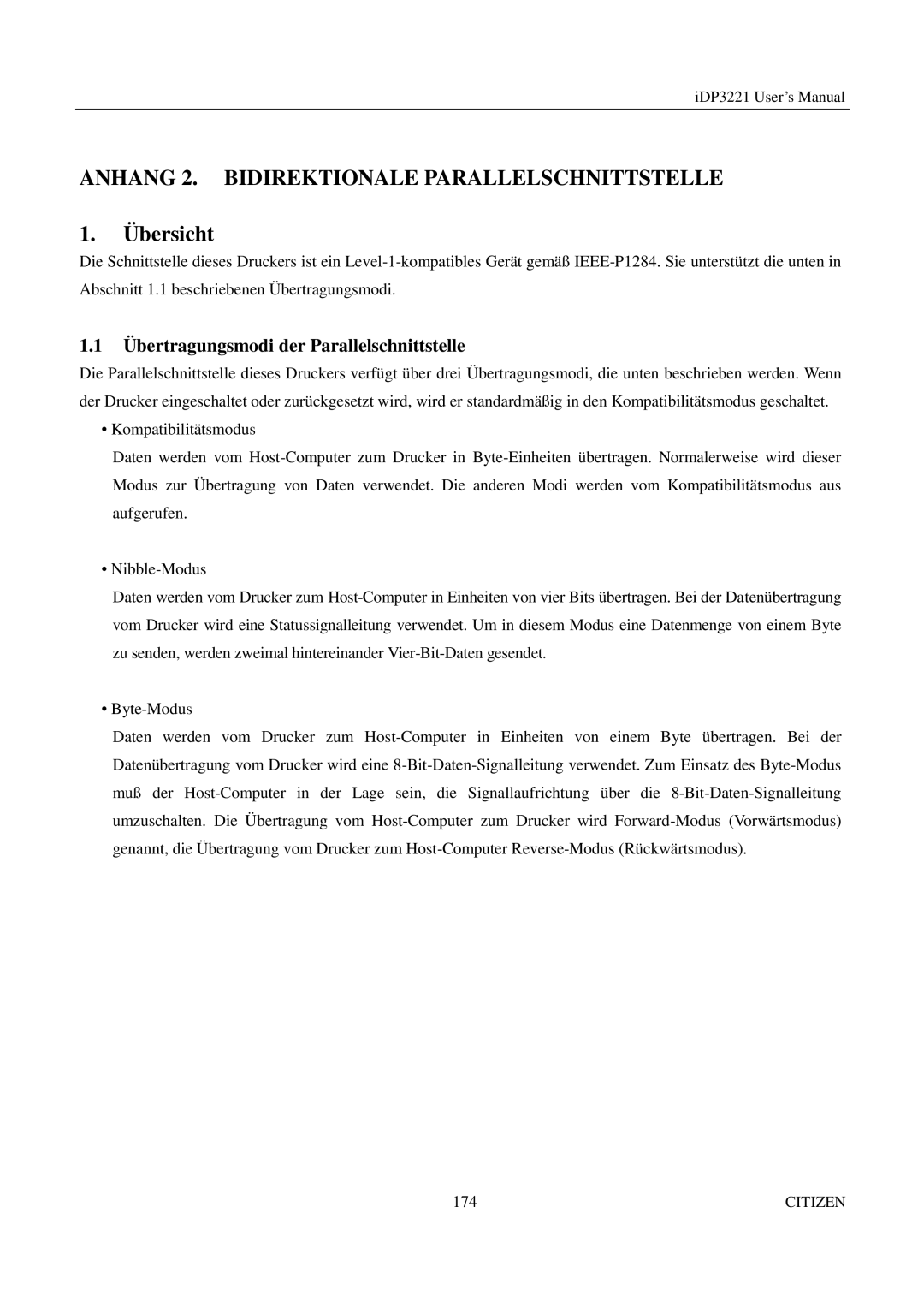 Citizen iDP3221 manual Anhang 2. Bidirektionale Parallelschnittstelle, Übertragungsmodi der Parallelschnittstelle 