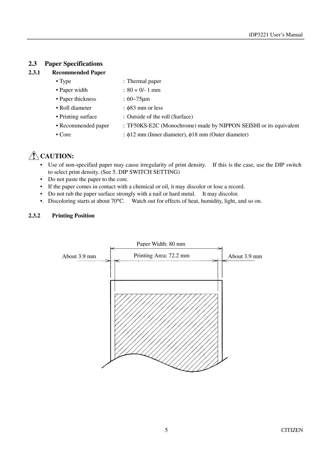 Citizen iDP3221 manual Paper Specifications, Recommended Paper, Printing Position 