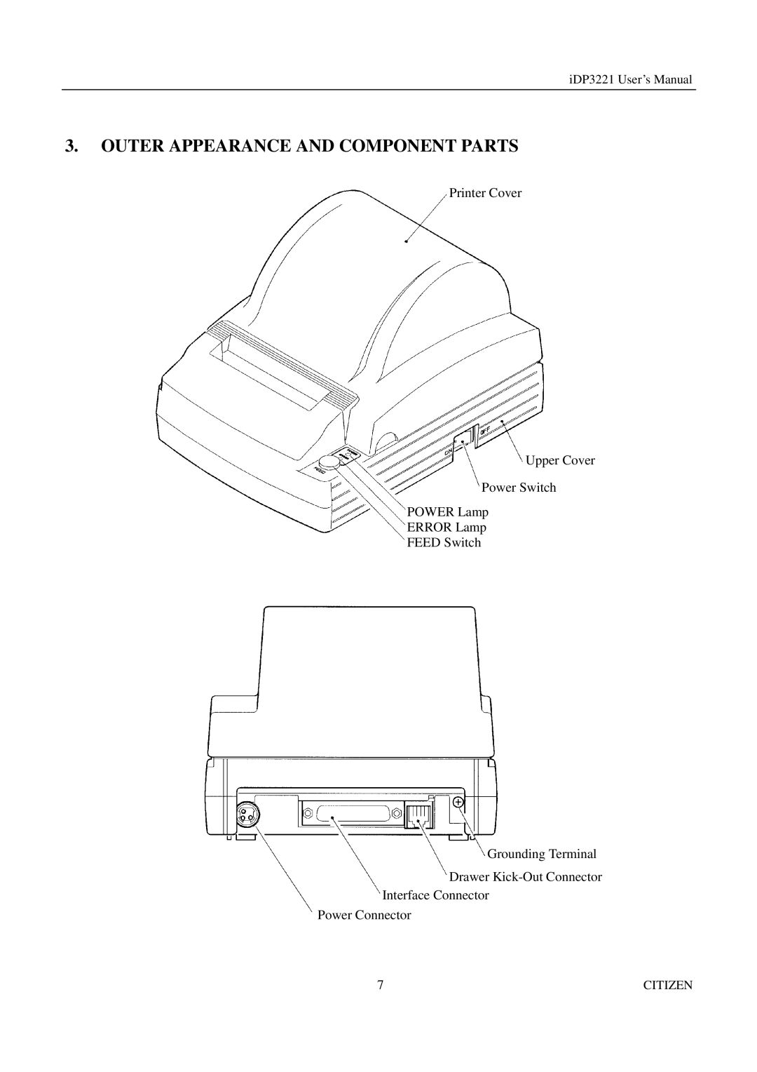 Citizen iDP3221 manual Outer Appearance and Component Parts 