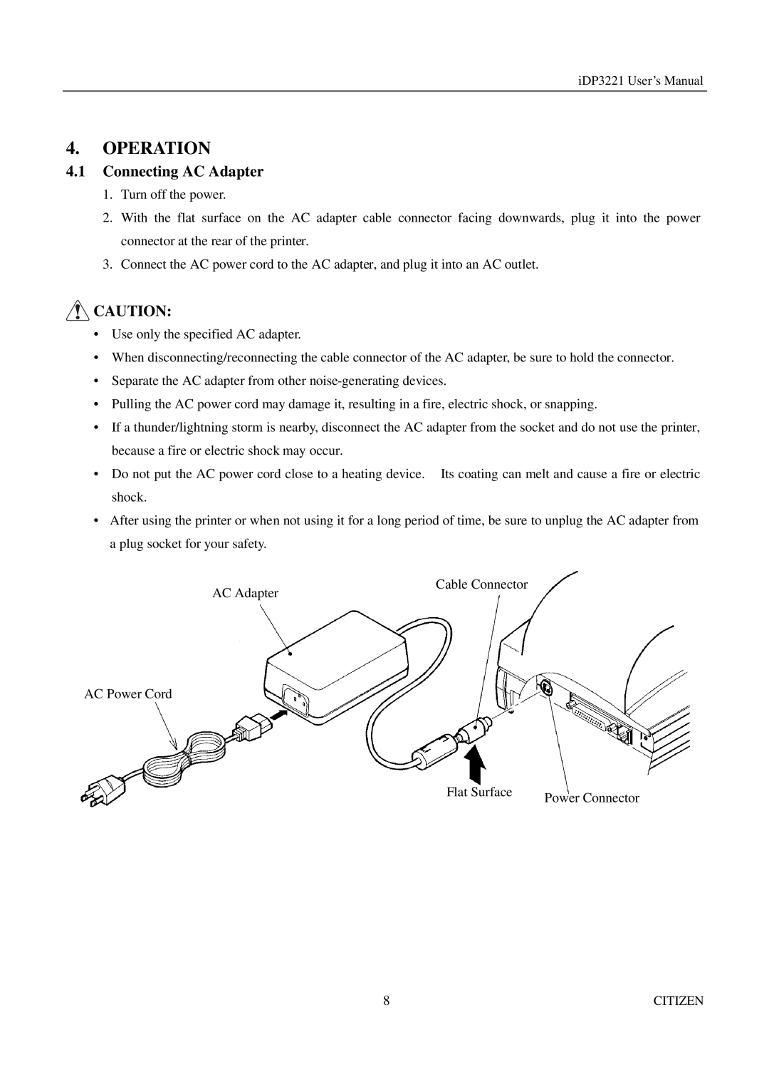 Citizen iDP3221 manual Operation, Connecting AC Adapter 