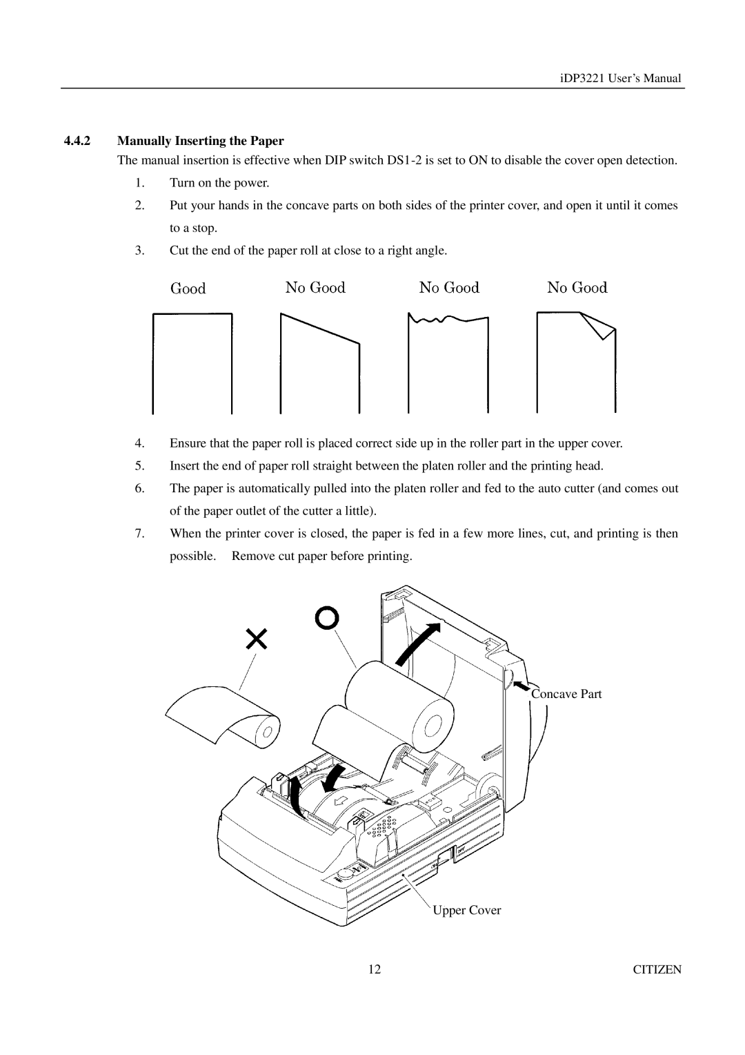 Citizen iDP3221 manual Manually Inserting the Paper 