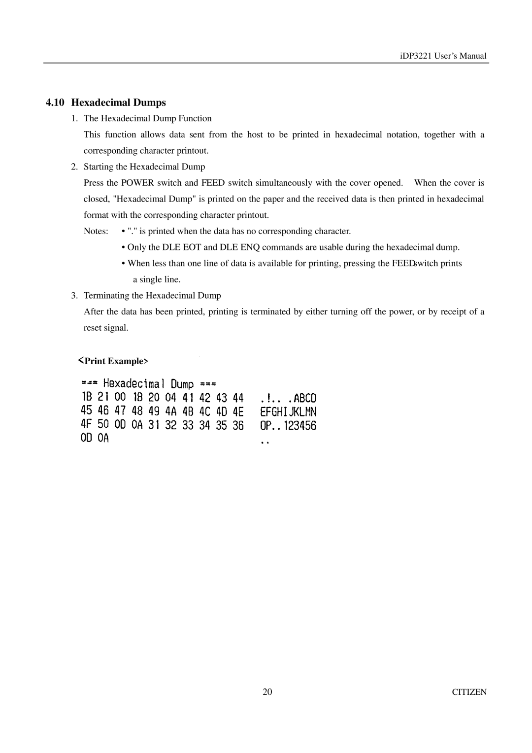 Citizen iDP3221 manual Hexadecimal Dumps, Print Example 