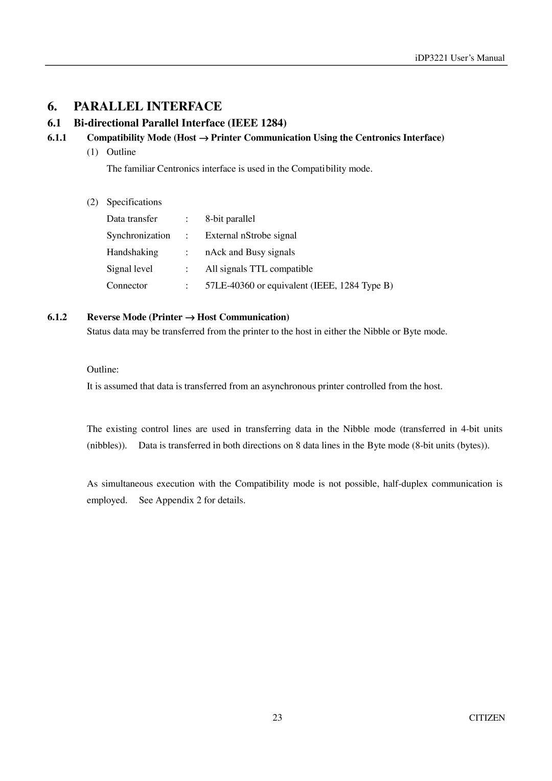 Citizen iDP3221 manual Bi-directional Parallel Interface Ieee, Reverse Mode Printer → Host Communication 