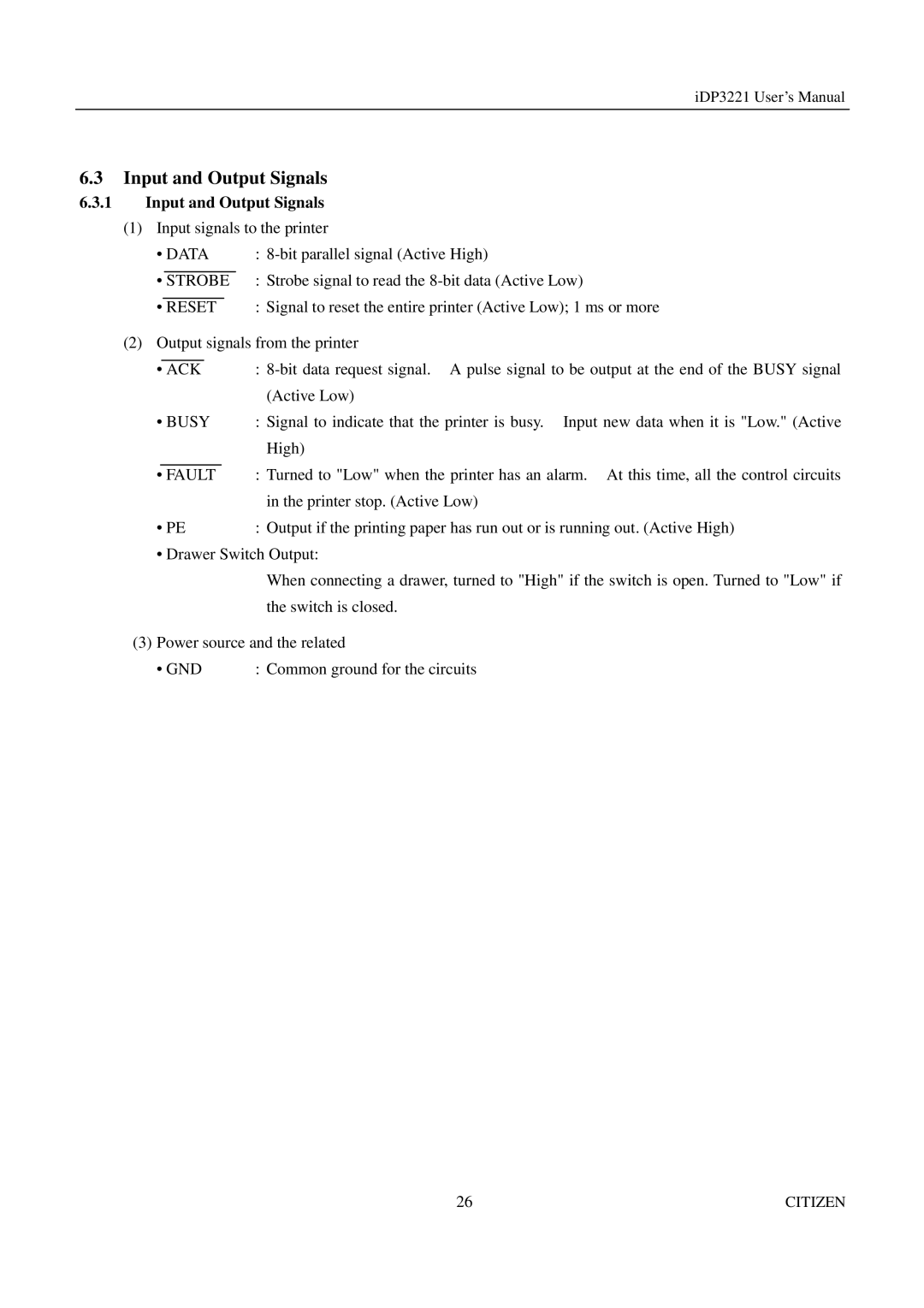 Citizen iDP3221 manual Input and Output Signals, Strobe 