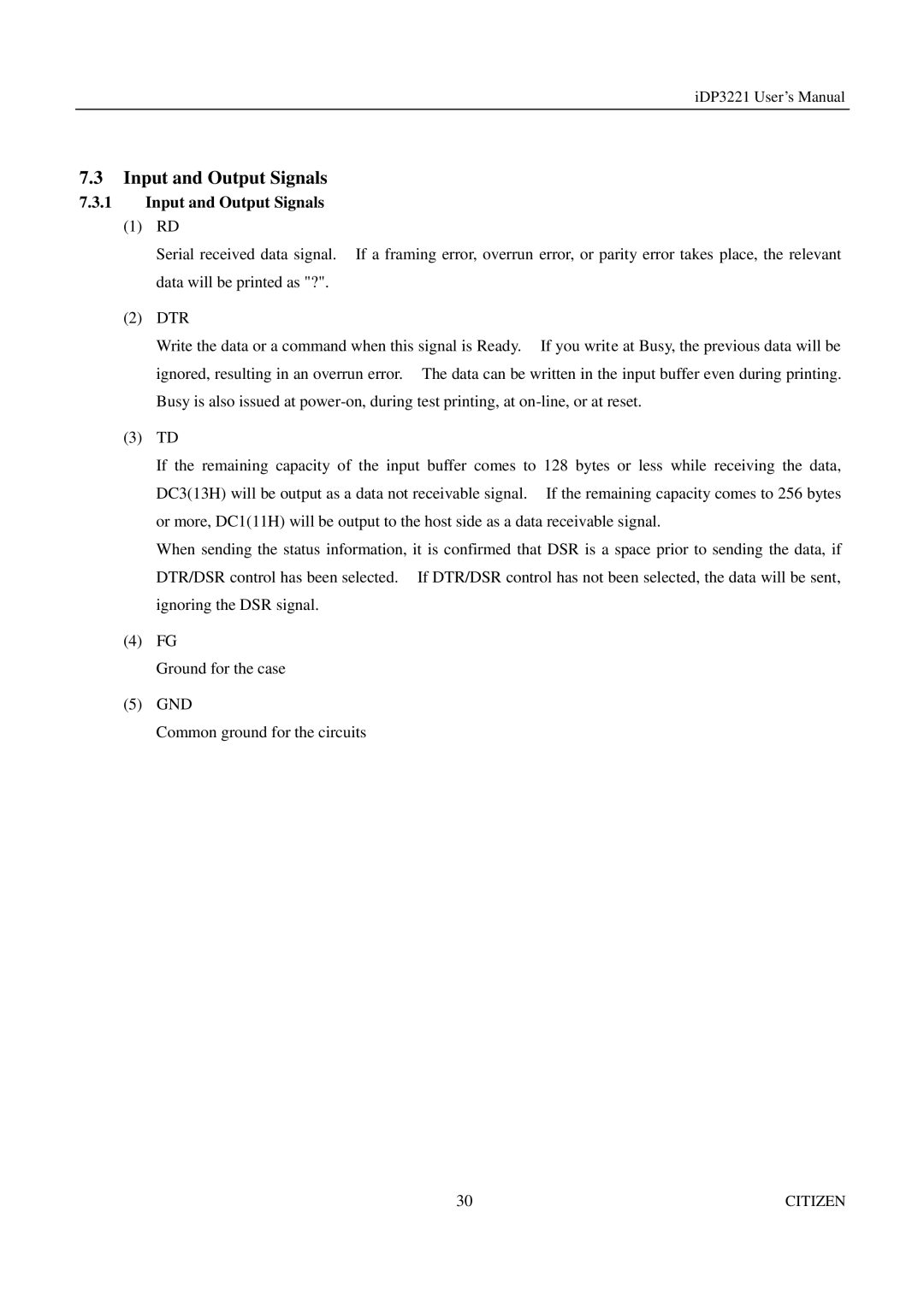 Citizen iDP3221 manual Input and Output Signals 