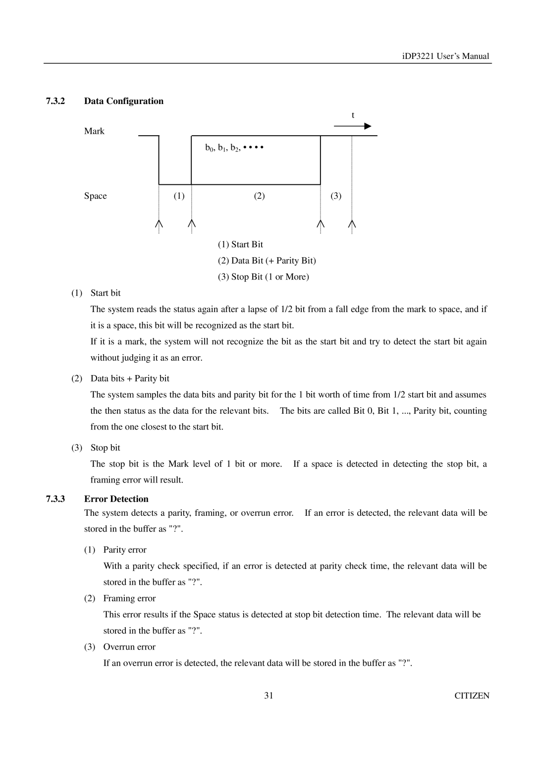 Citizen iDP3221 manual Data Configuration, Error Detection 