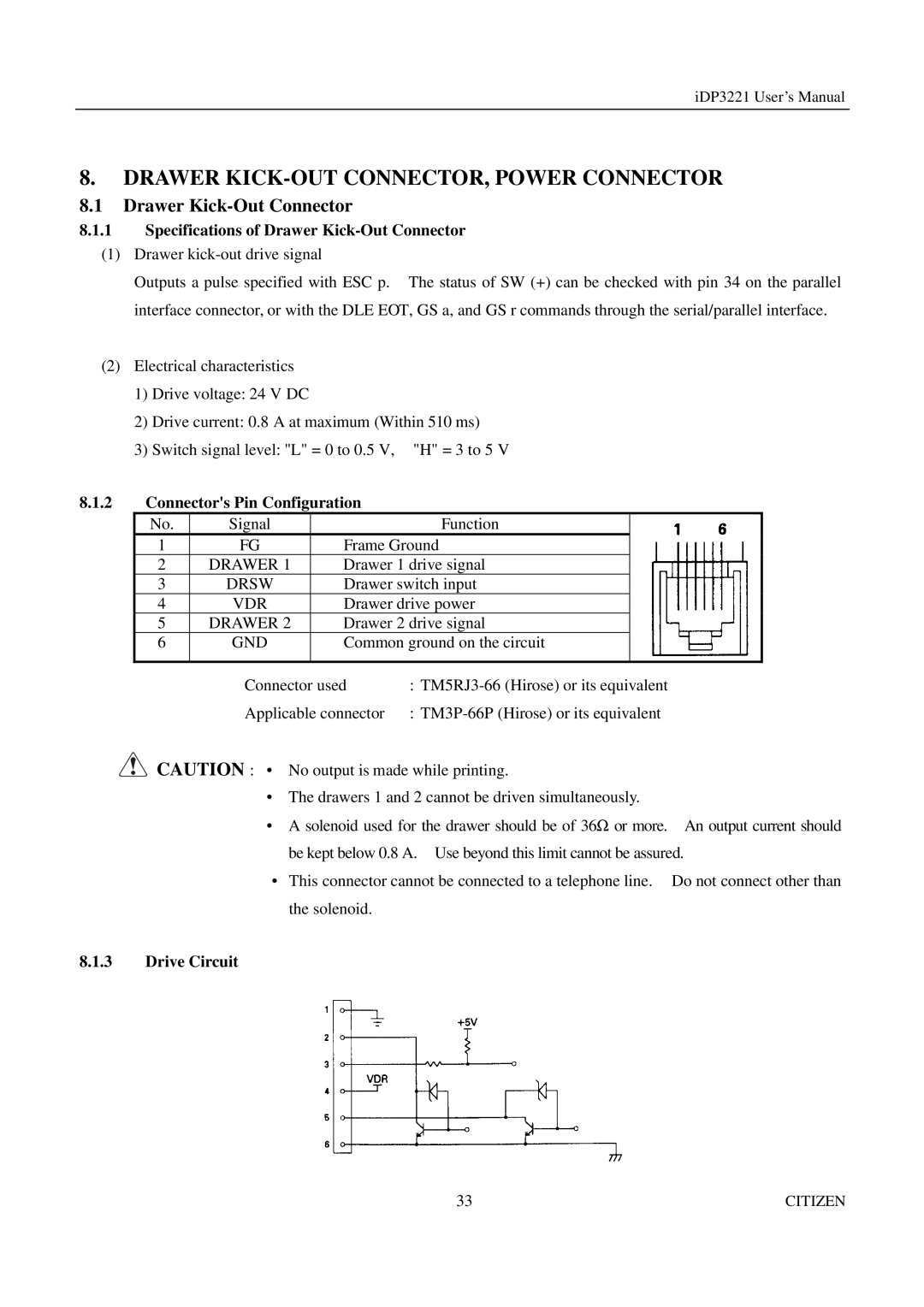 Citizen iDP3221 manual Drawer KICK-OUT CONNECTOR, Power Connector, Drawer Kick-Out Connector, Drive Circuit 
