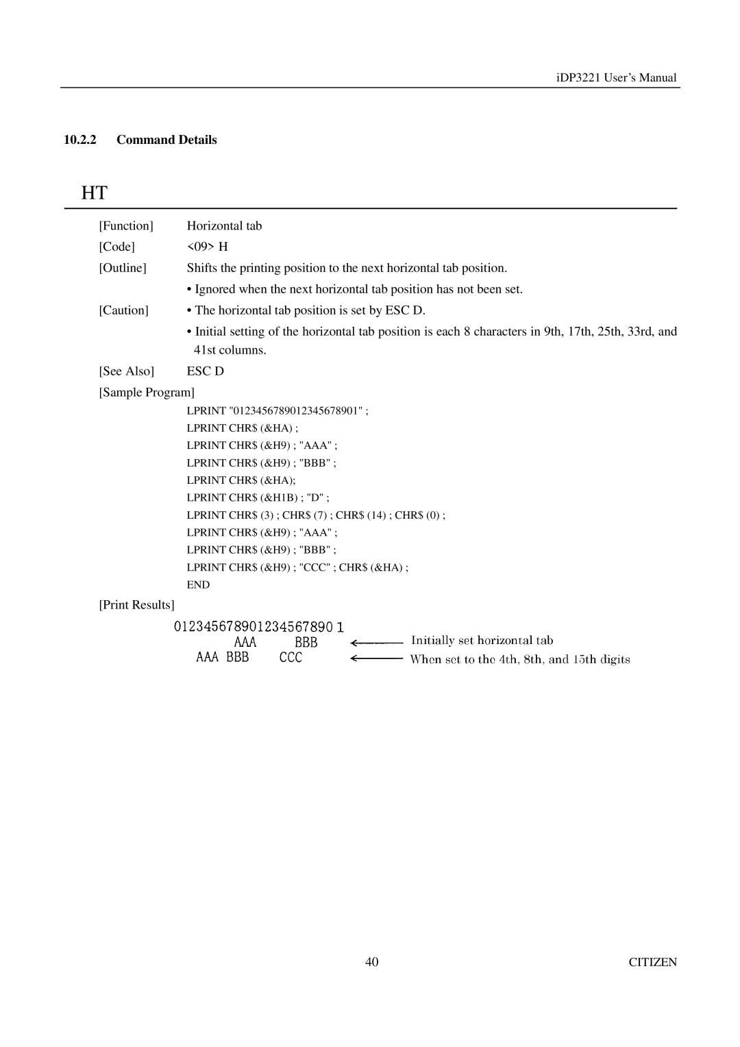 Citizen iDP3221 manual Command Details, Esc D 