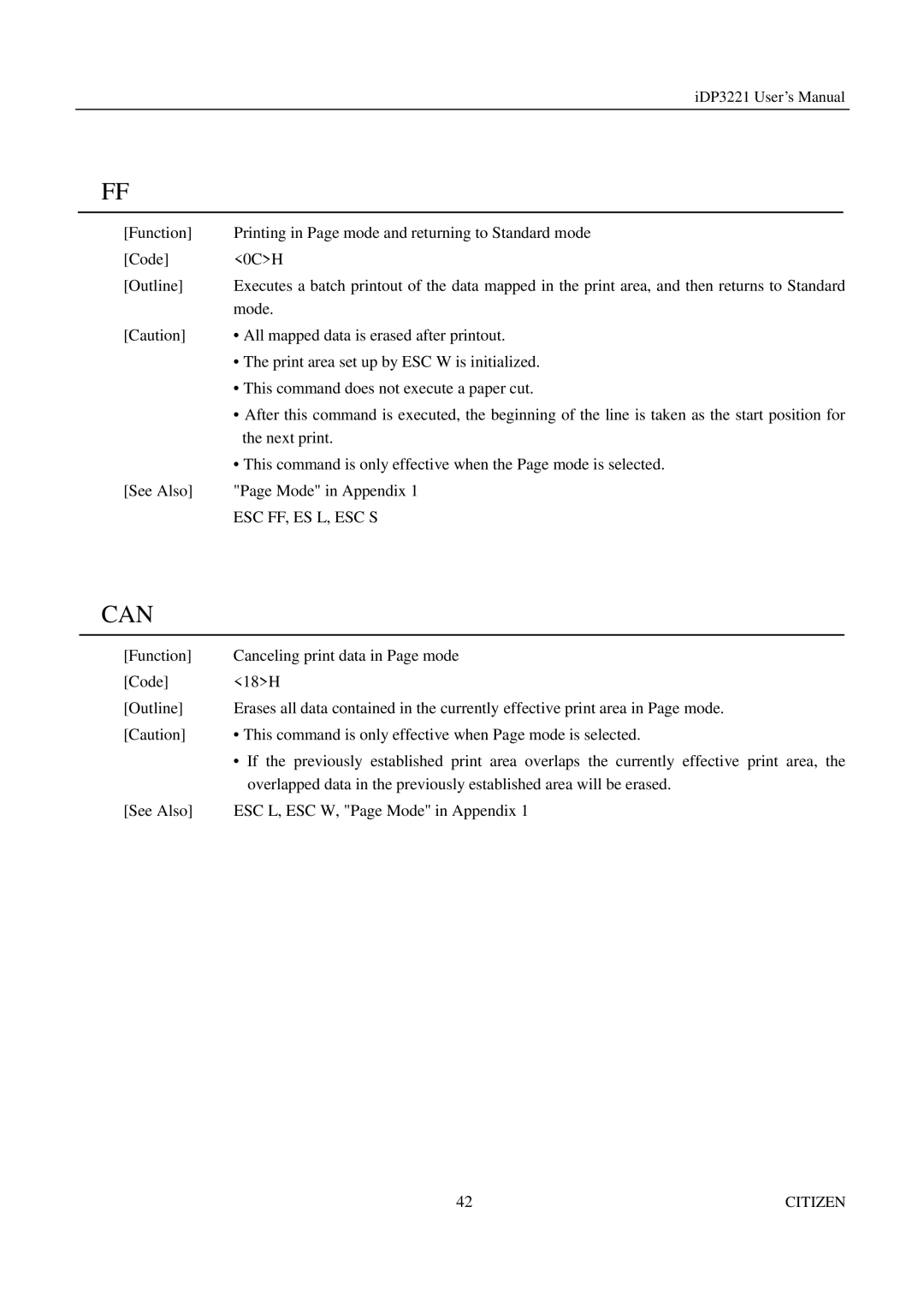 Citizen iDP3221 manual Can, Esc Ff, Es L, Esc S 