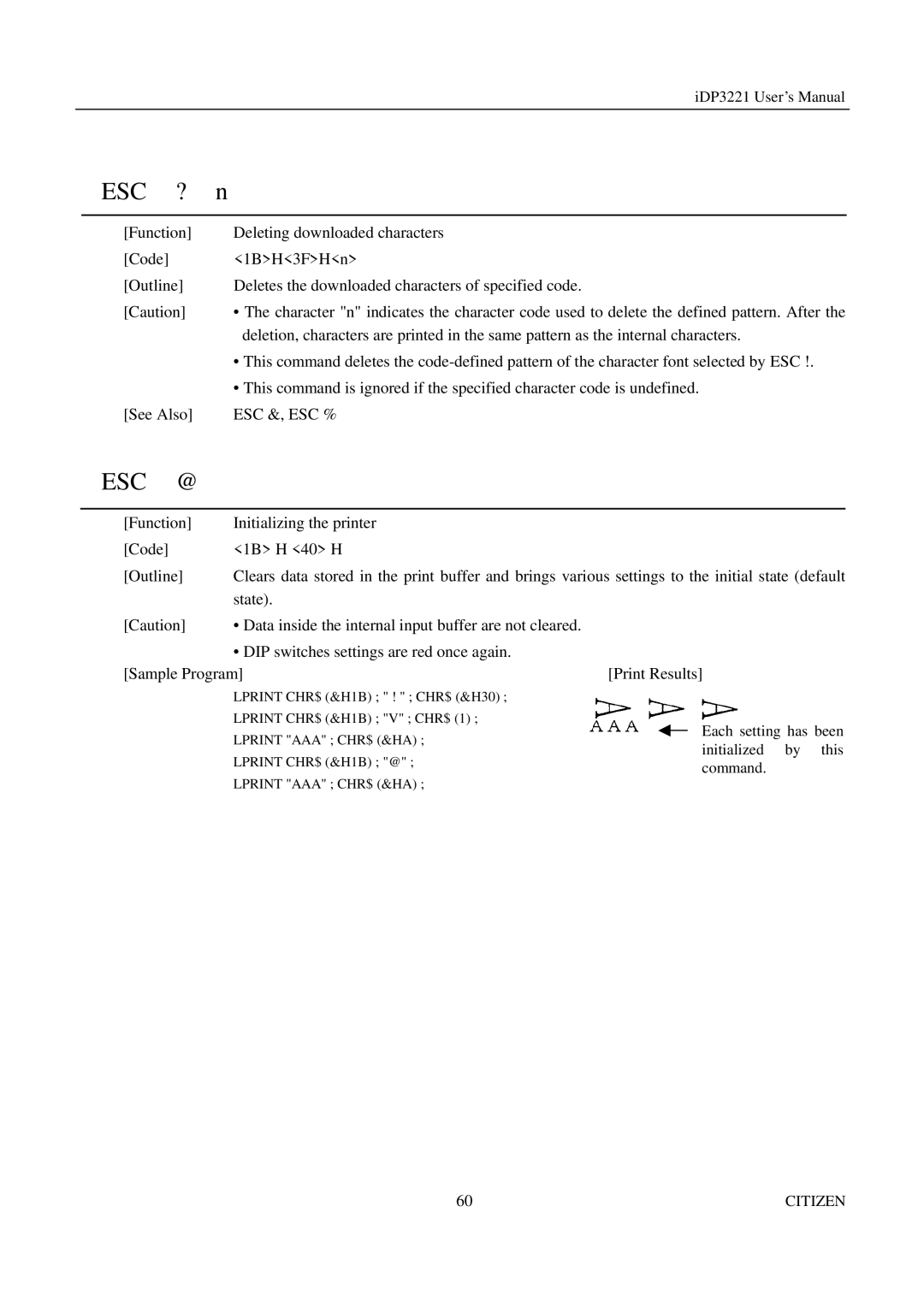 Citizen iDP3221 manual Each setting has been initialized by this command 