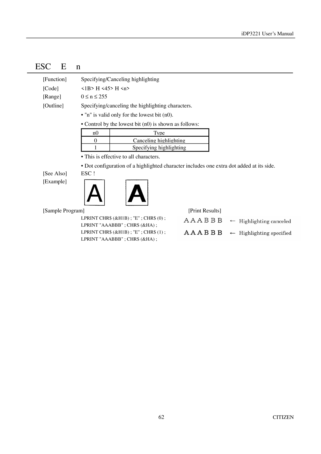 Citizen iDP3221 manual Example Sample Program Print Results 