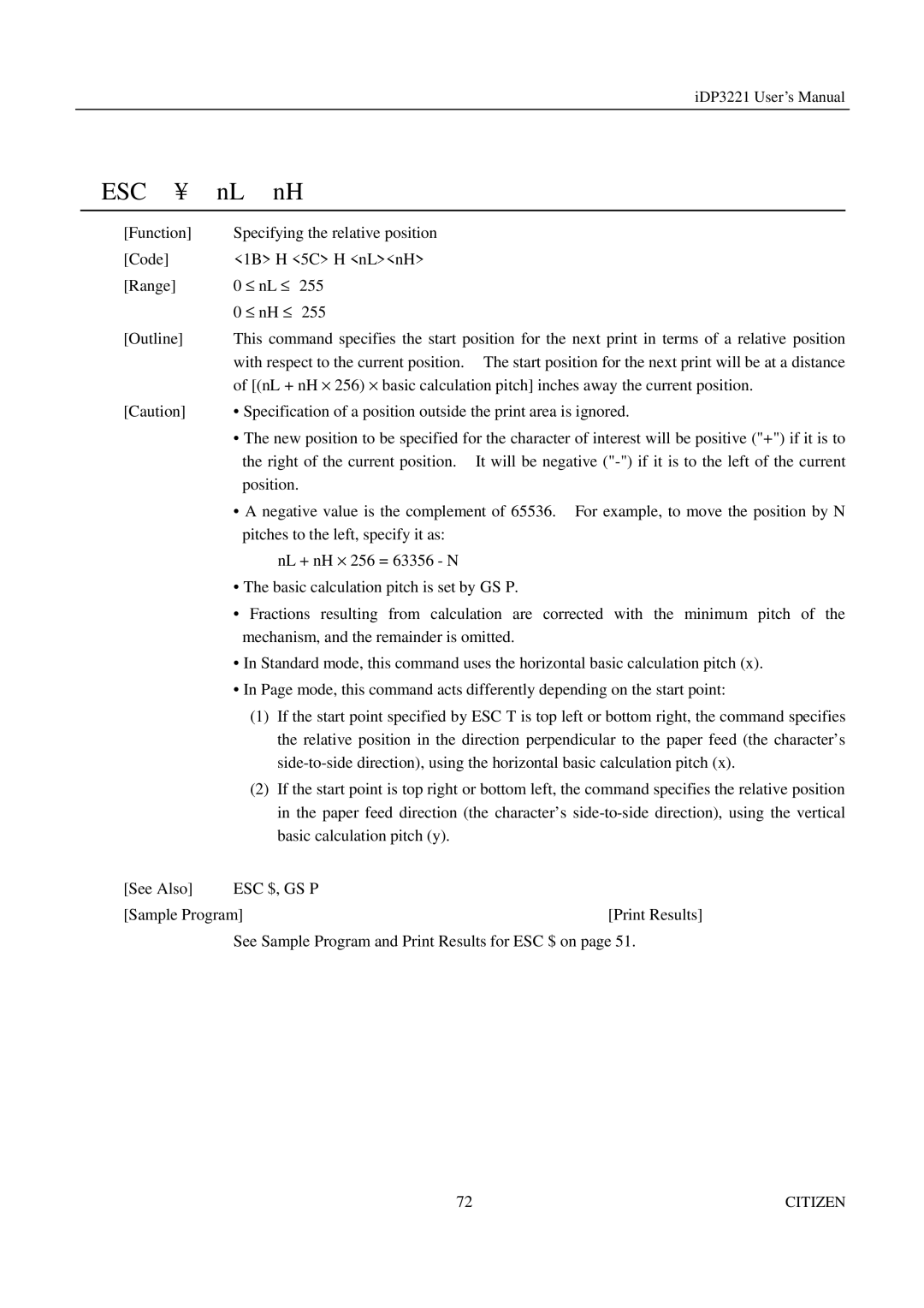 Citizen iDP3221 manual Esc $, Gs P 