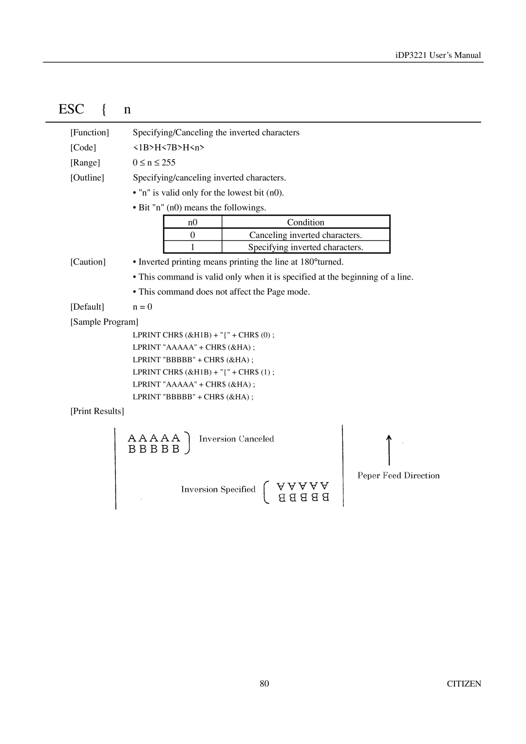 Citizen iDP3221 manual Canceling inverted characters Specifying inverted characters 