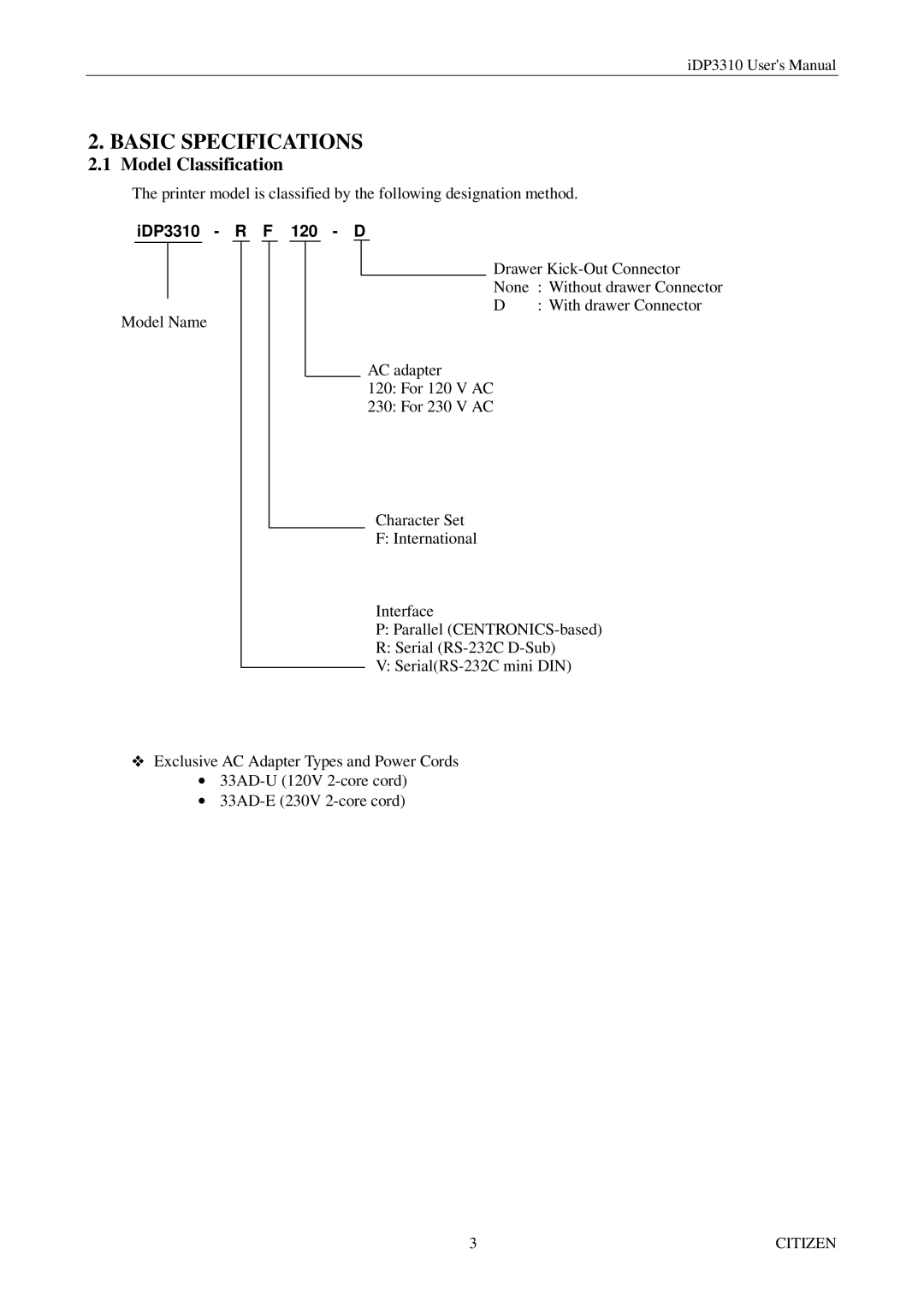 Citizen iDP3310 manual Basic Specifications, Model Classification 