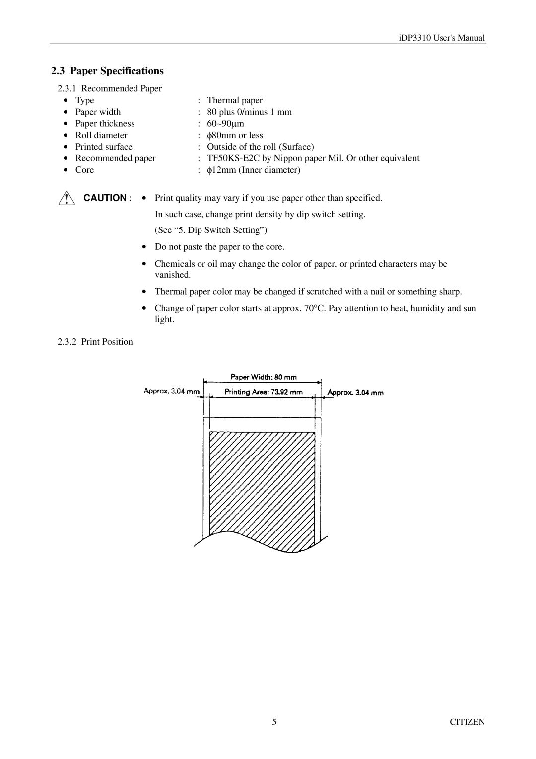 Citizen iDP3310 manual Paper Specifications 