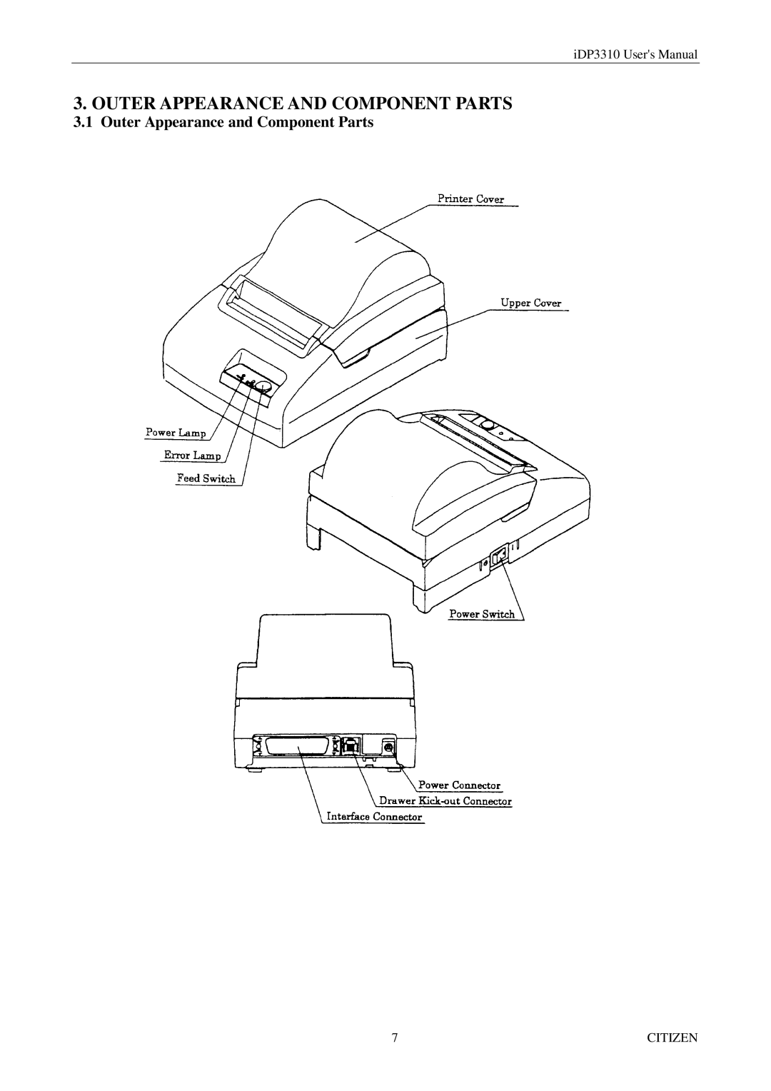 Citizen iDP3310 manual Outer Appearance and Component Parts 