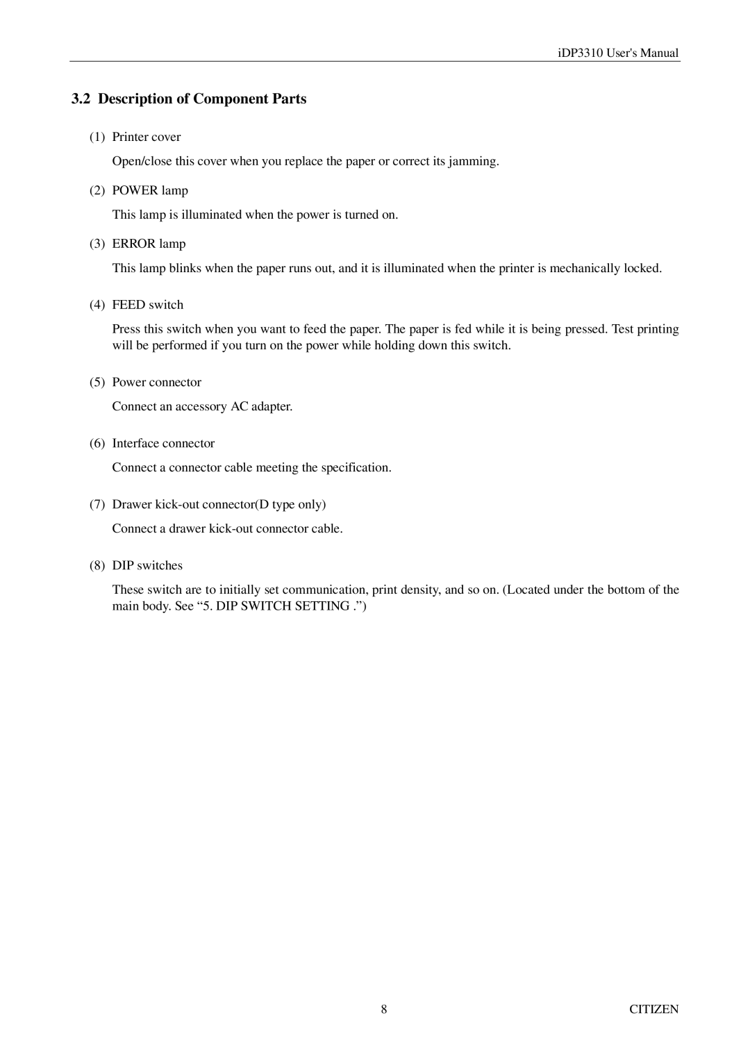 Citizen iDP3310 manual Description of Component Parts 