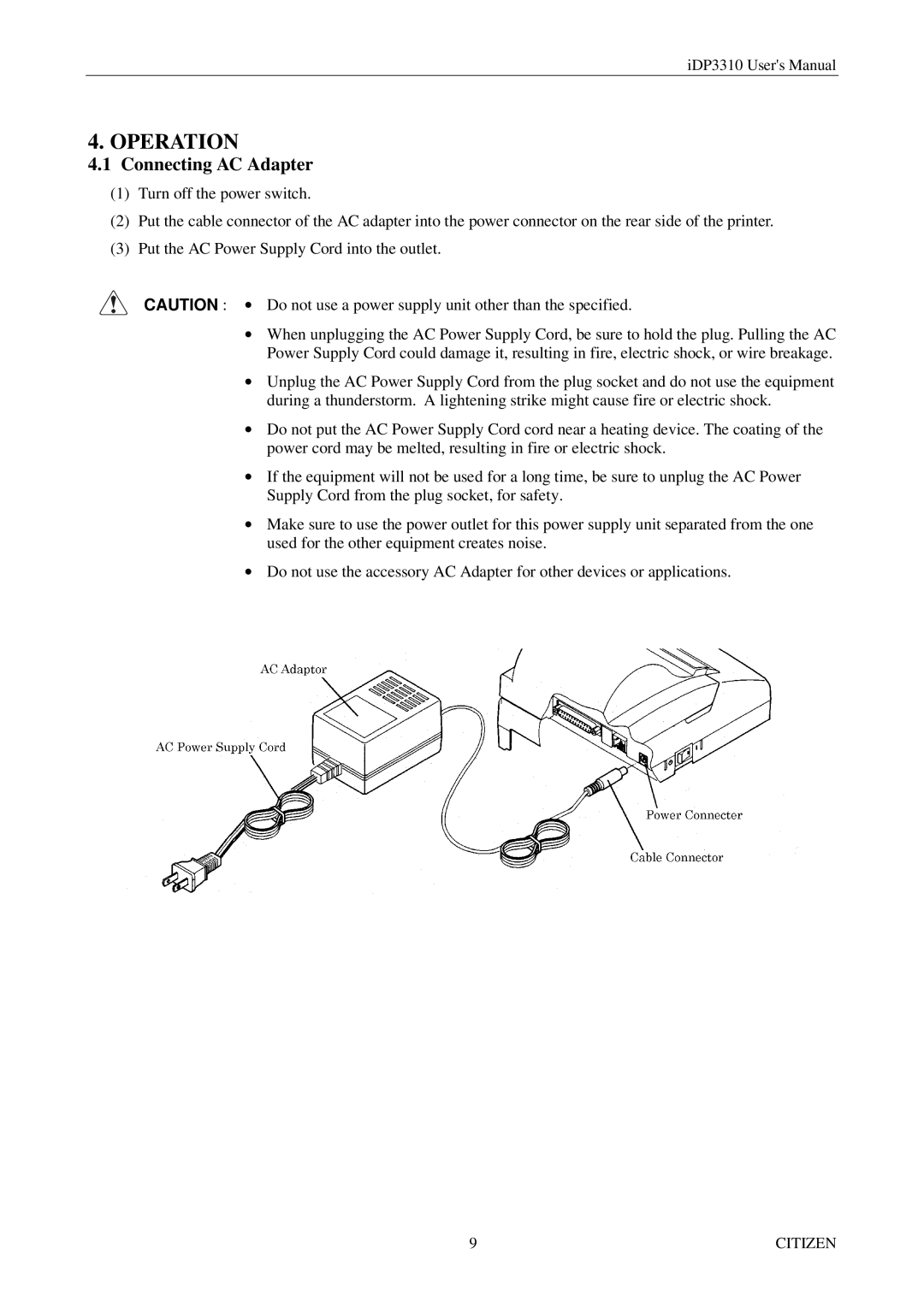 Citizen iDP3310 manual Operation, Connecting AC Adapter 