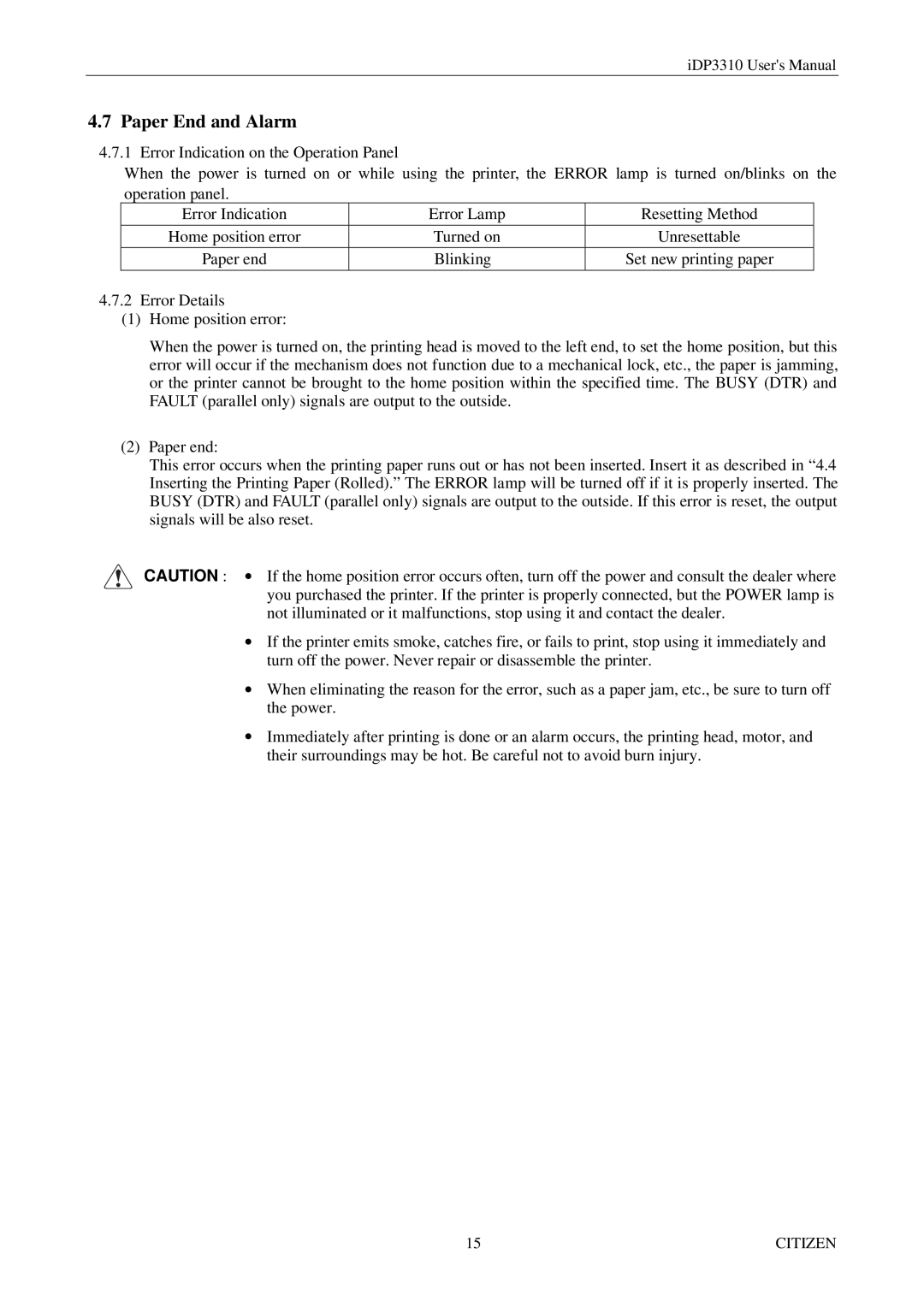 Citizen iDP3310 manual Paper End and Alarm 